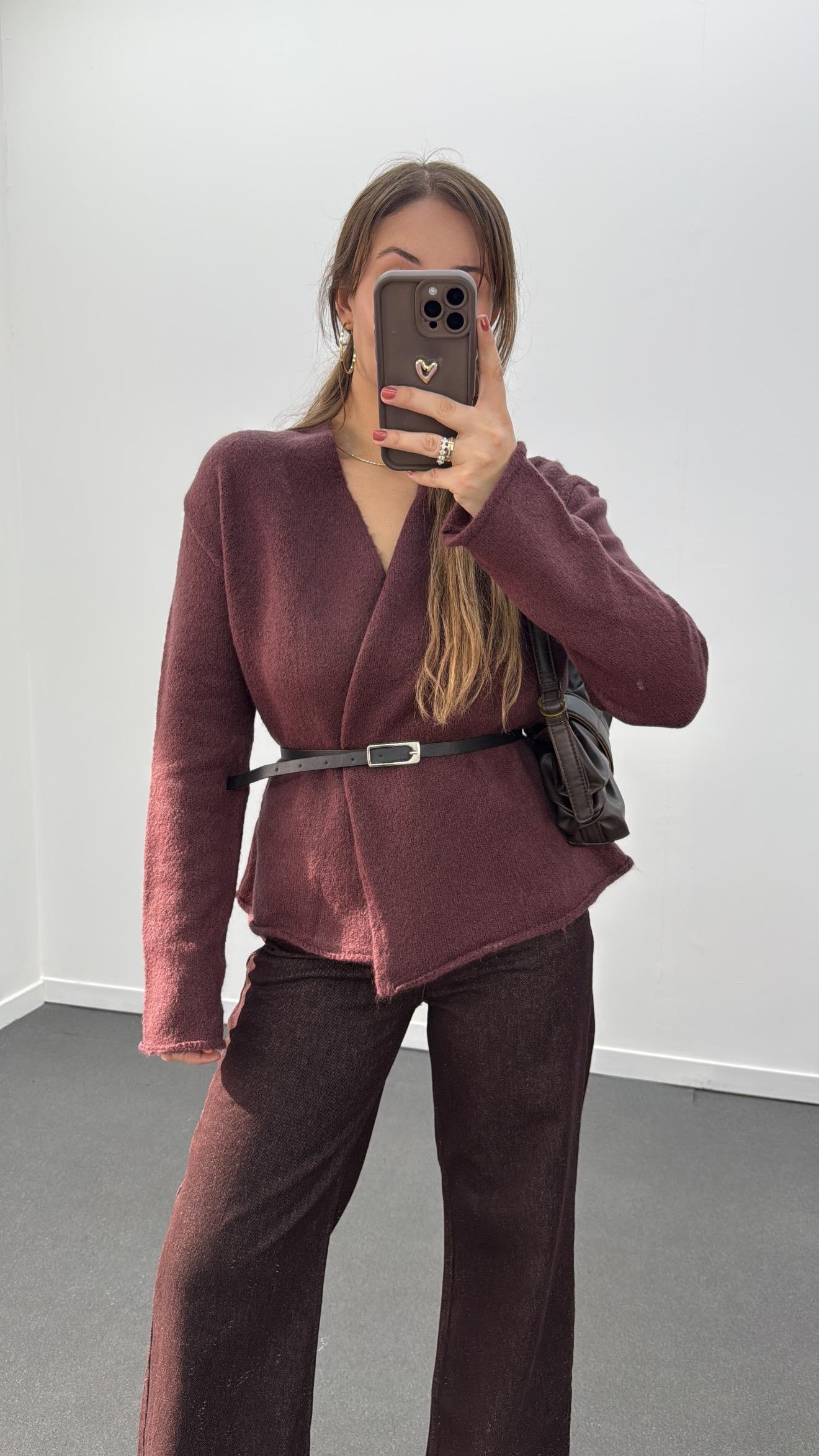 Talin Acı Bordo Kemerli Premium Triko