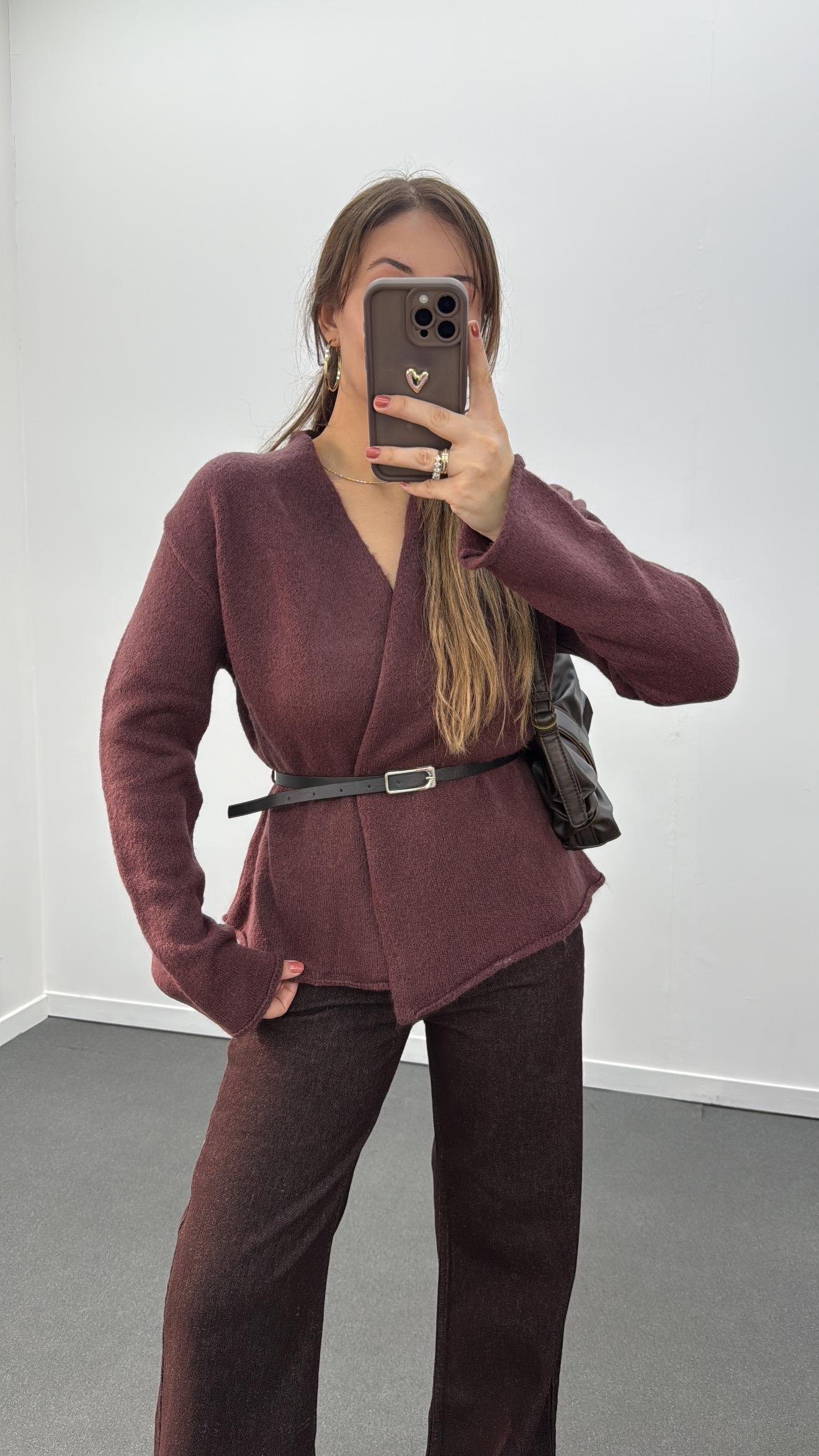 Talin Acı Bordo Kemerli Premium Triko