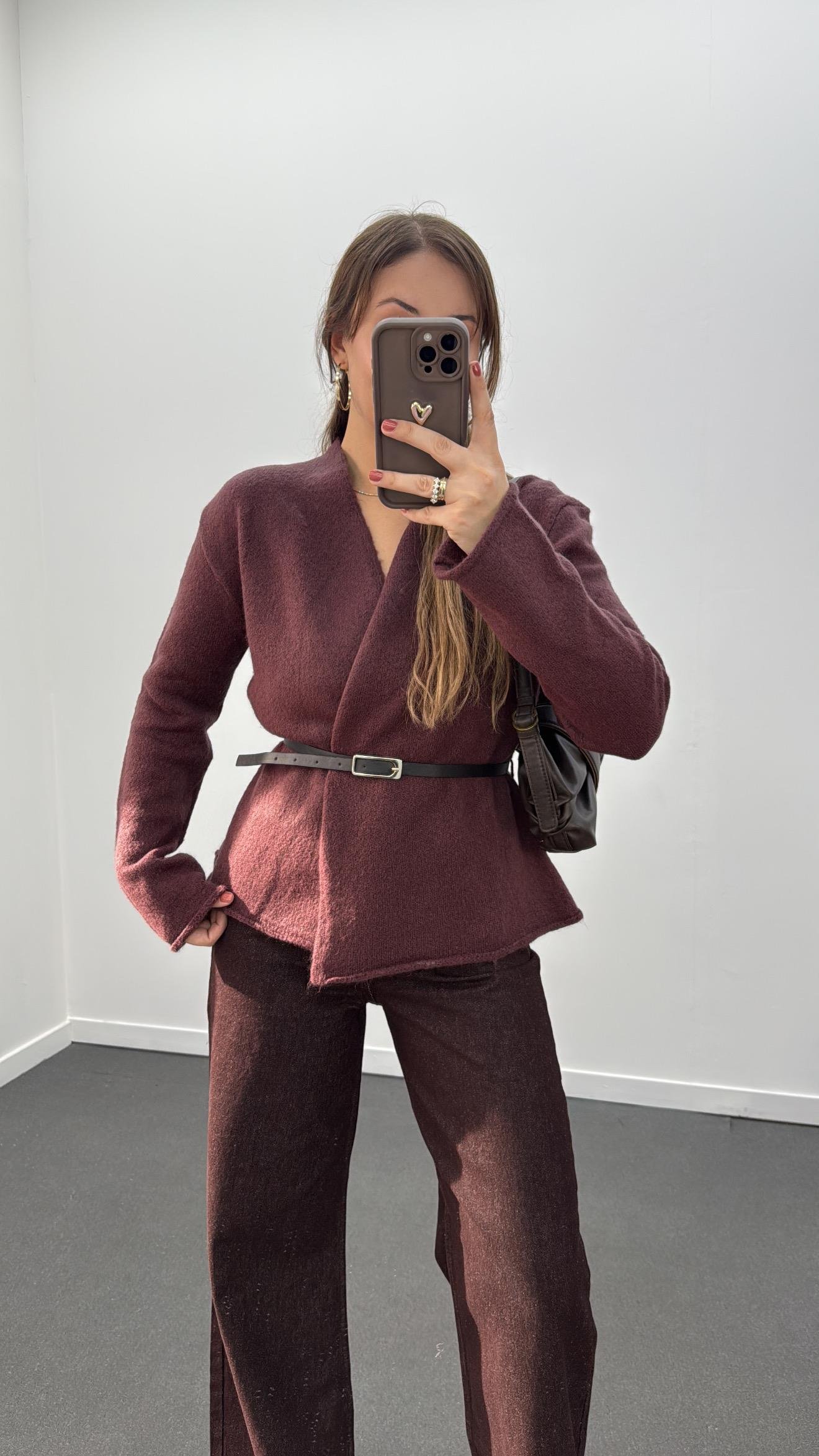 Talin Acı Bordo Kemerli Premium Triko