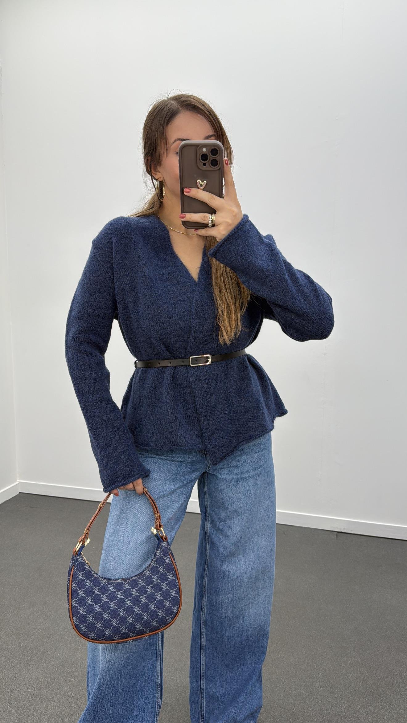 Talin Lacivert Kemerli Premium Triko