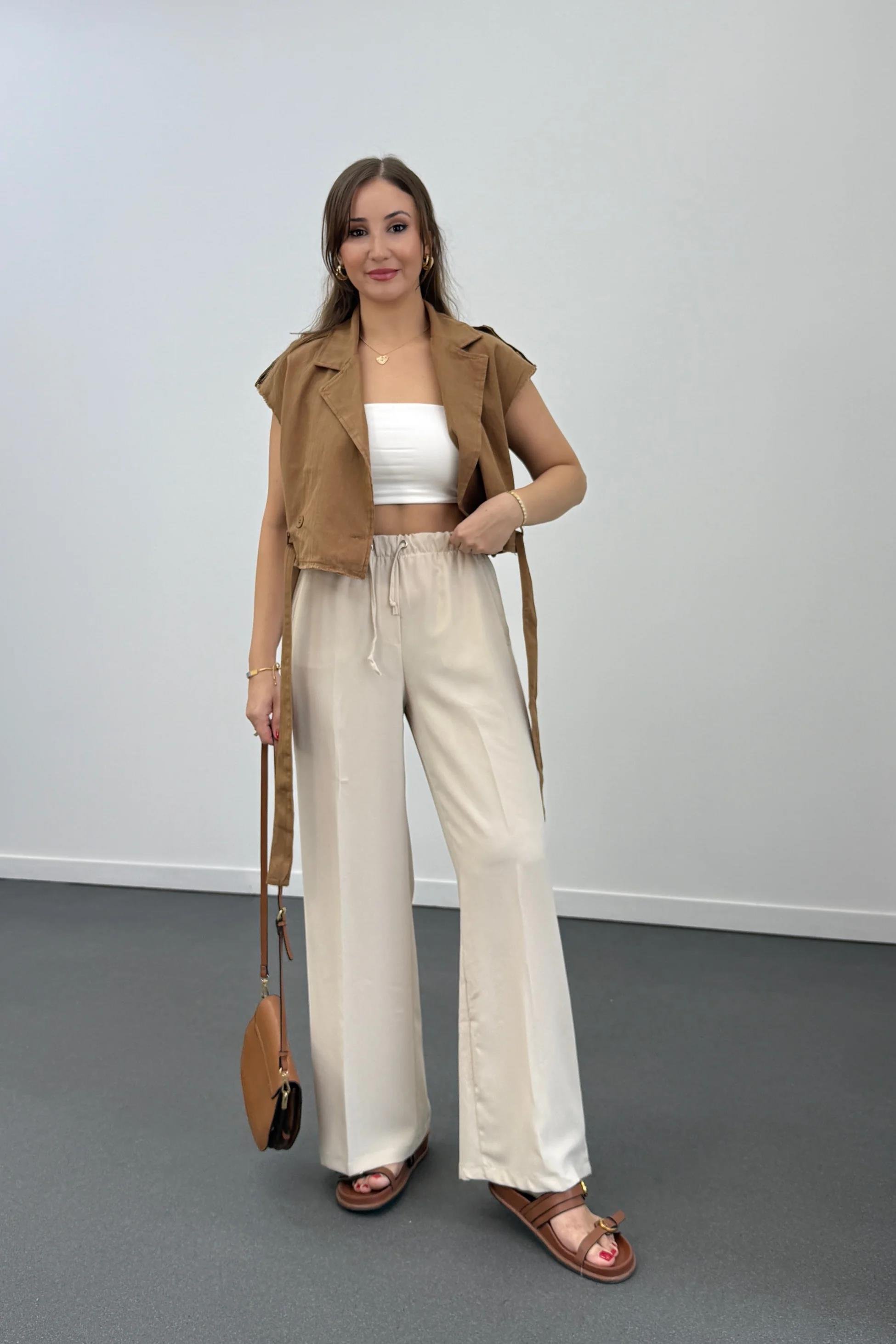 Tatumi Taş Renk Beli Lastikli Palazzo Pantolon