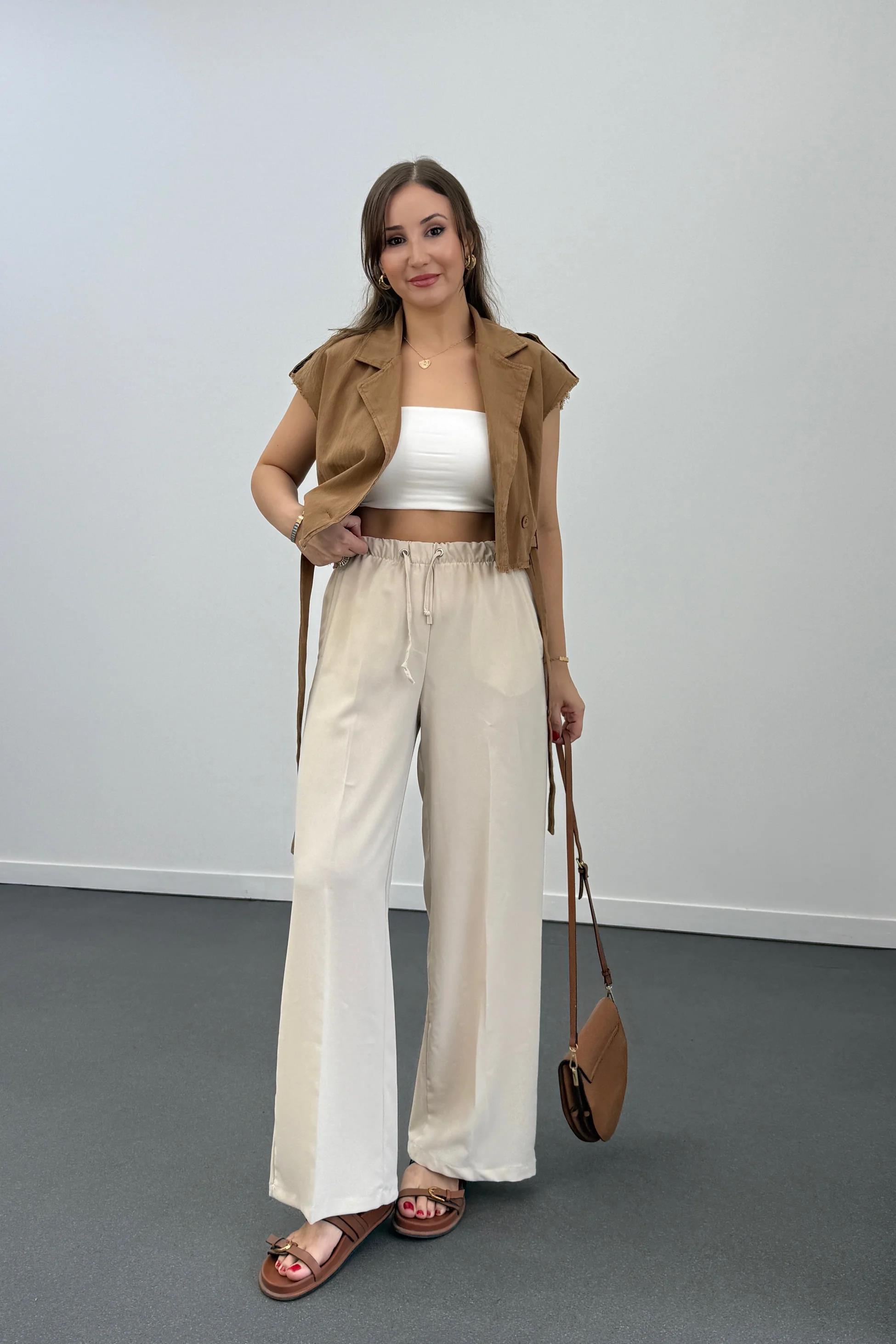 Tatumi Taş Renk Beli Lastikli Palazzo Pantolon