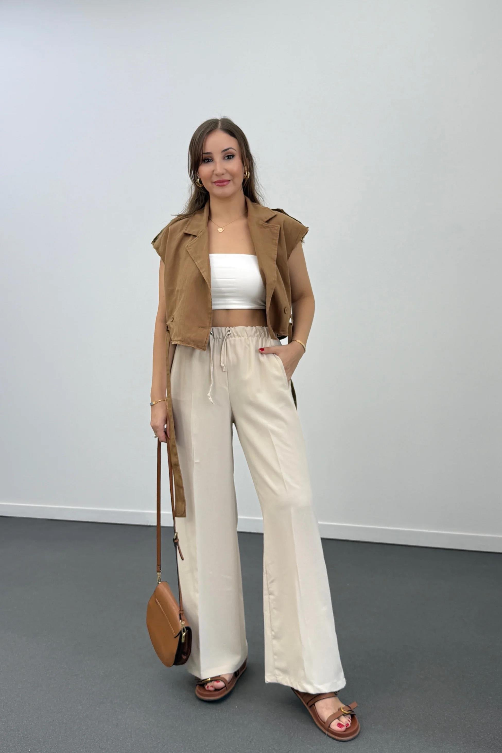 Tatumi Taş Renk Beli Lastikli Palazzo Pantolon