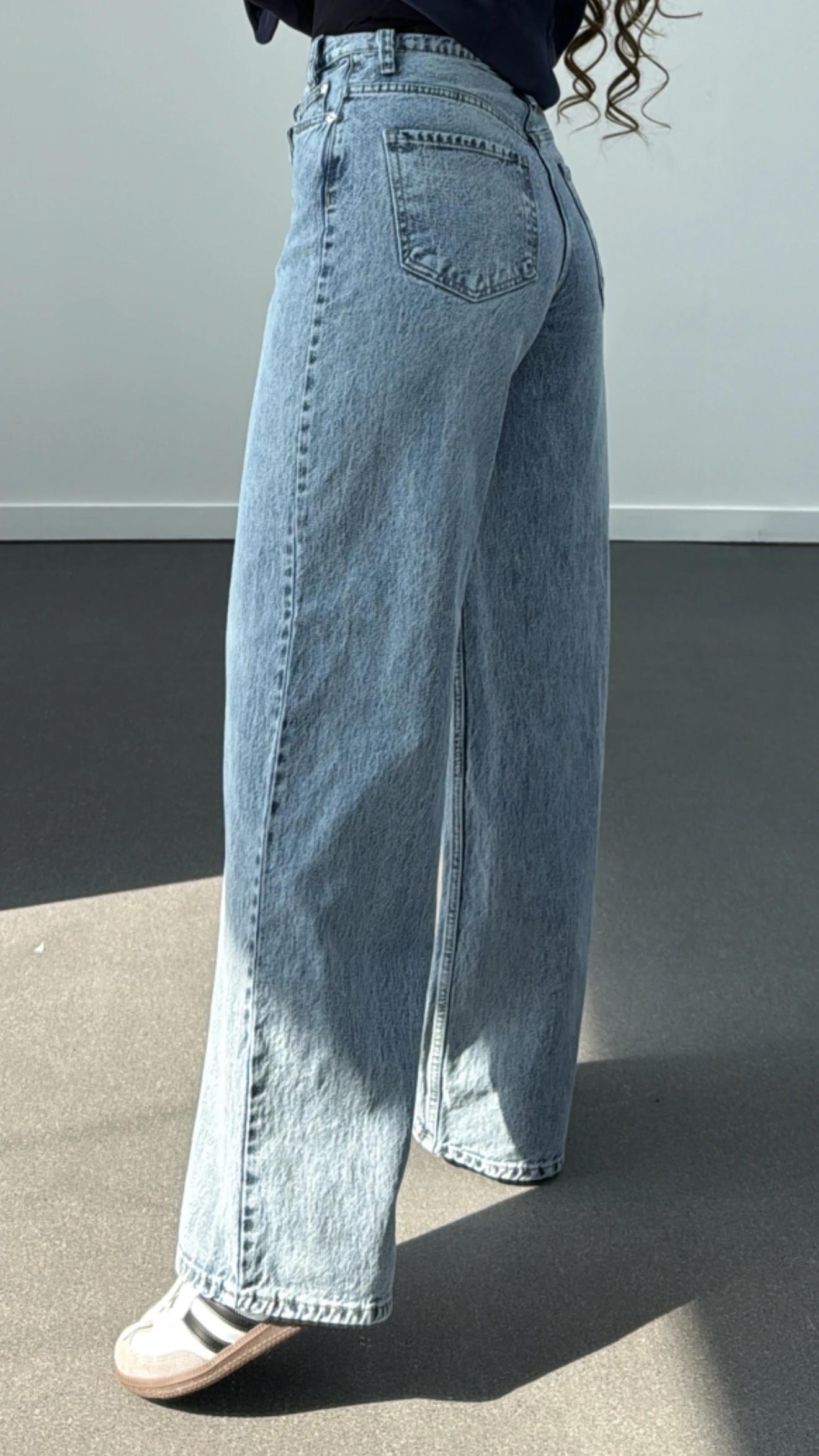 Tera Buz Mavisi Çapraz Düğme Wide Leg Jeans