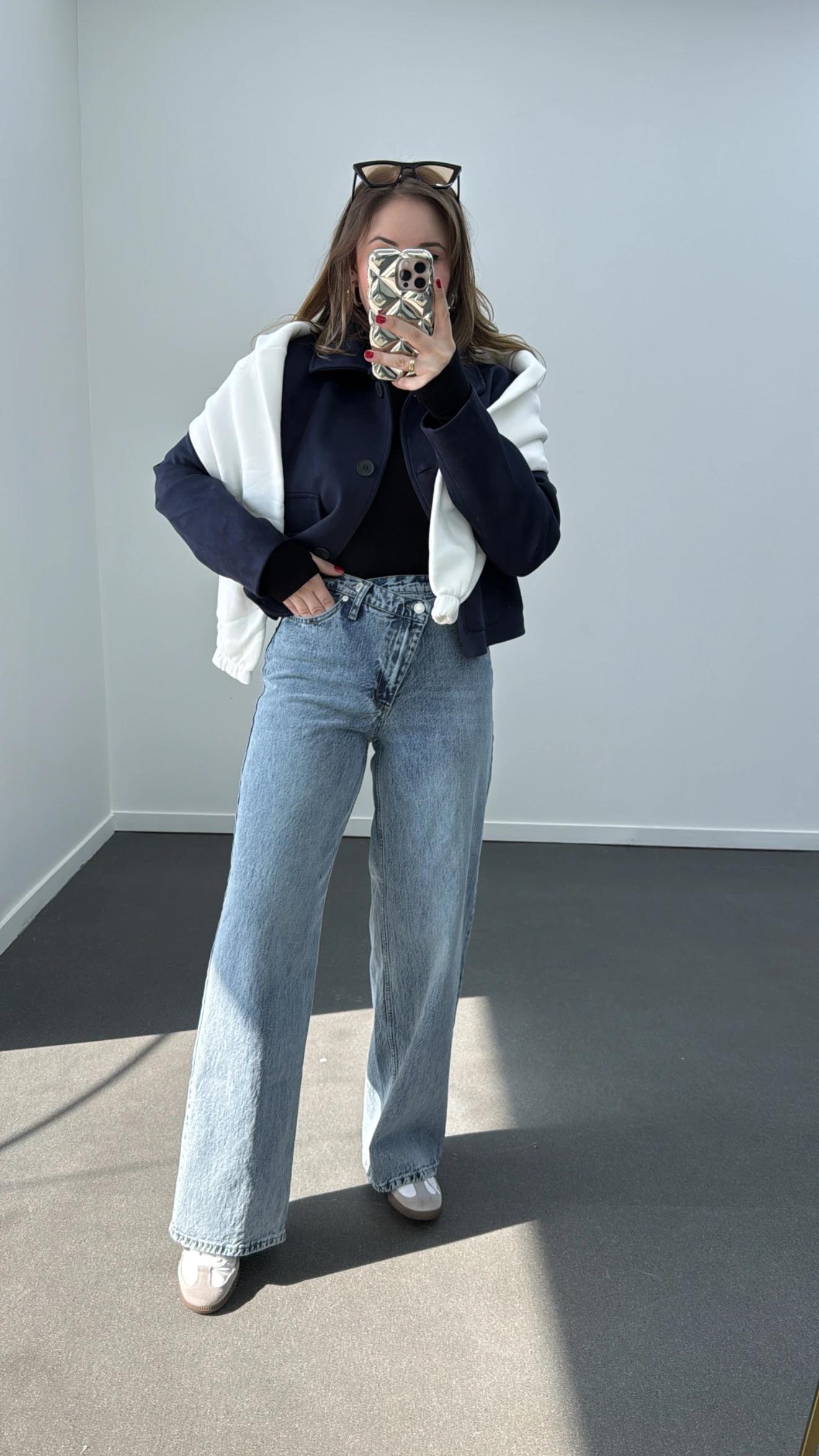 Tera Buz Mavisi Çapraz Düğme Wide Leg Jeans