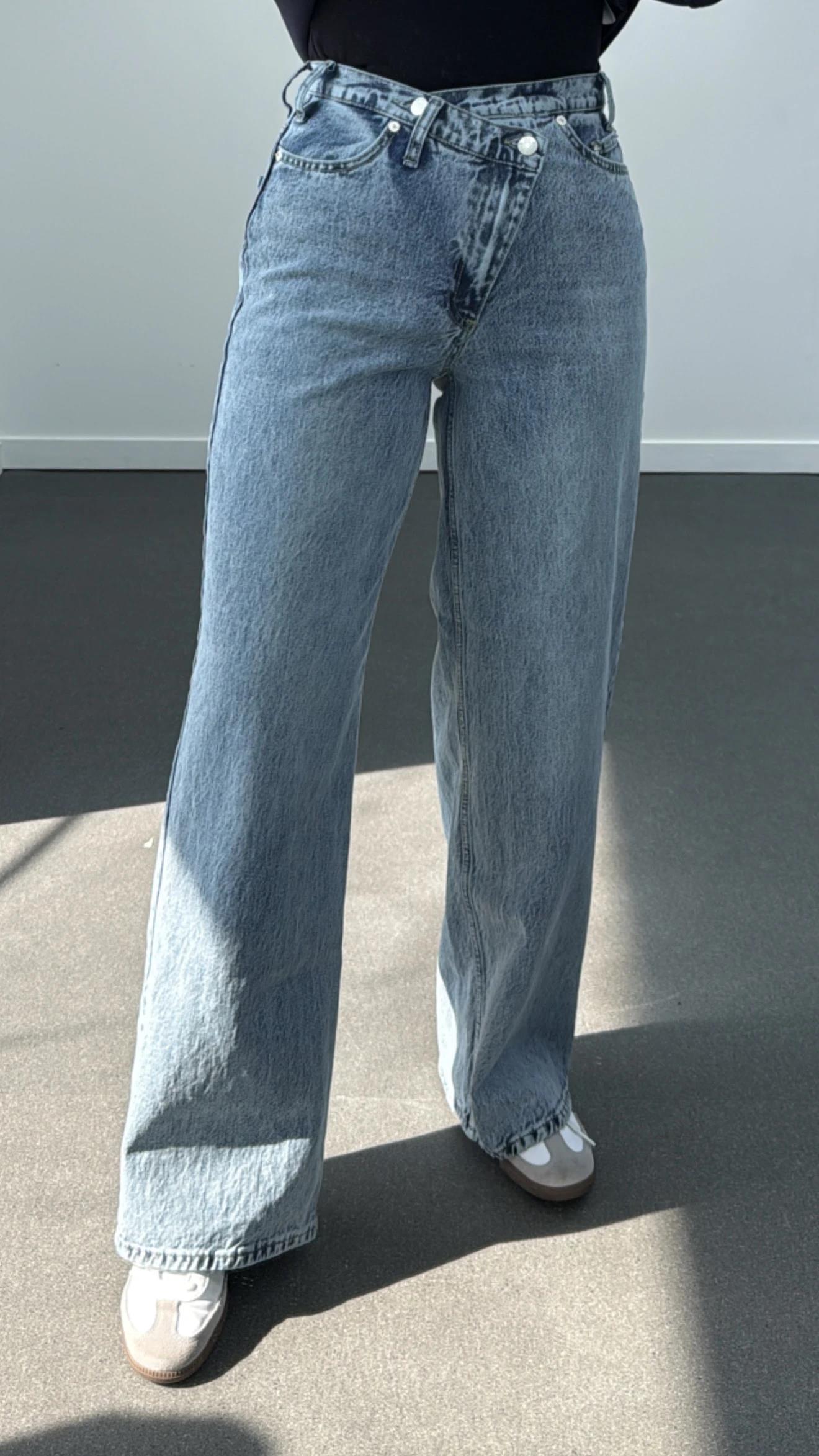 Tera Buz Mavisi Çapraz Düğme Wide Leg Jeans