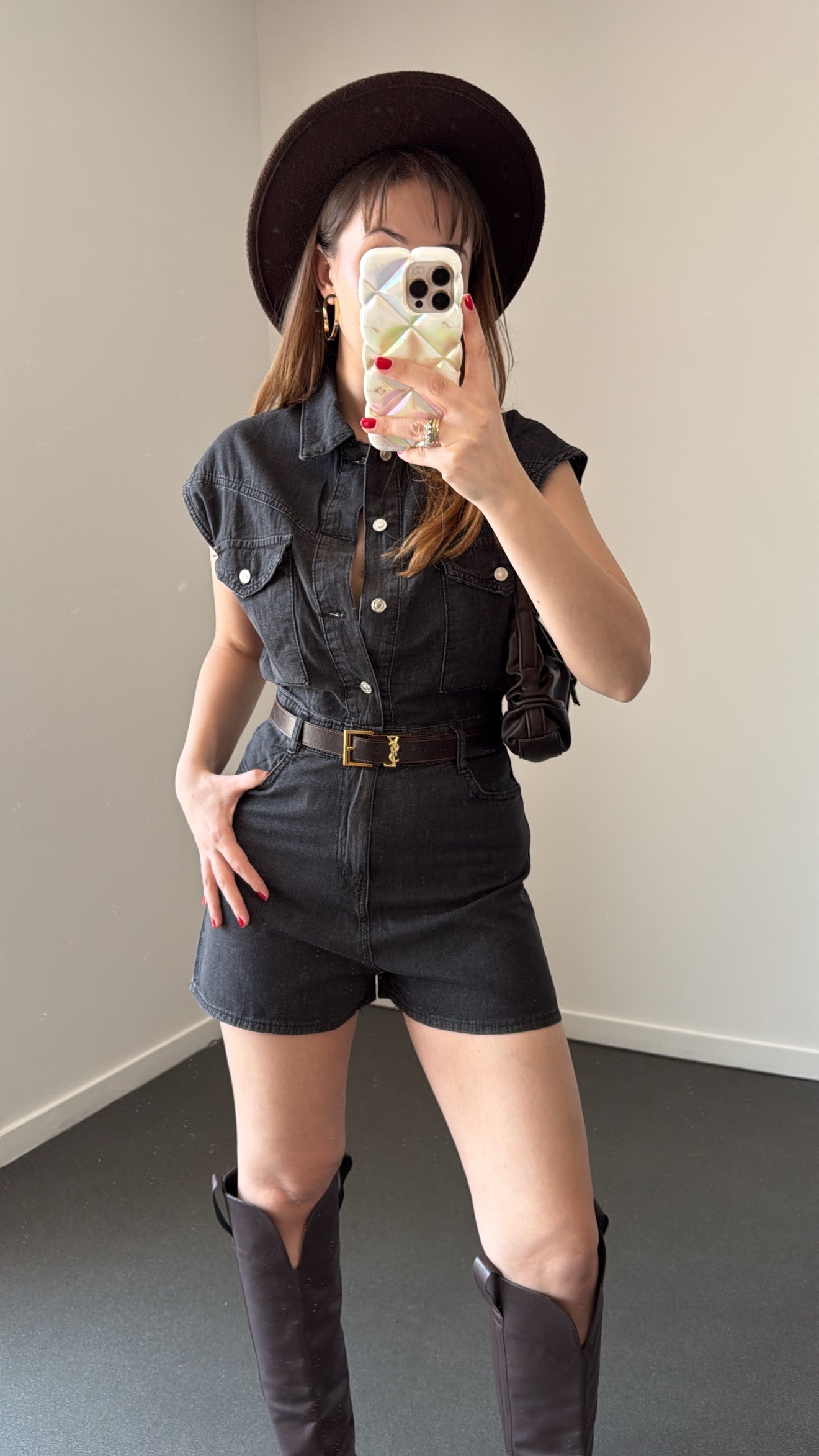 Tessa Antrasit Düğmeli Cepli Denim Tulum