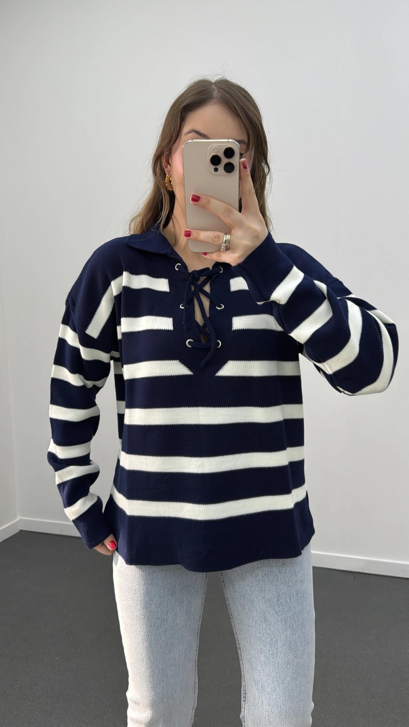 Tina	Lacivert-Beyaz Çizgili Polo Yaka Triko