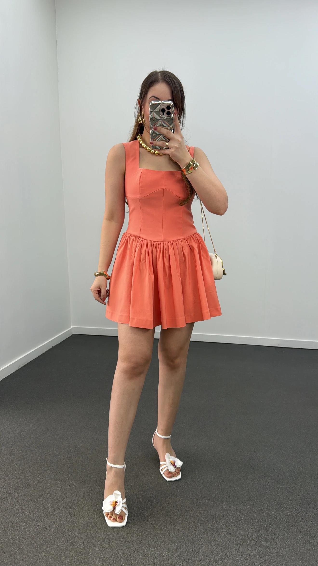 Tinker Turuncu Korsajlı Mini Elbise