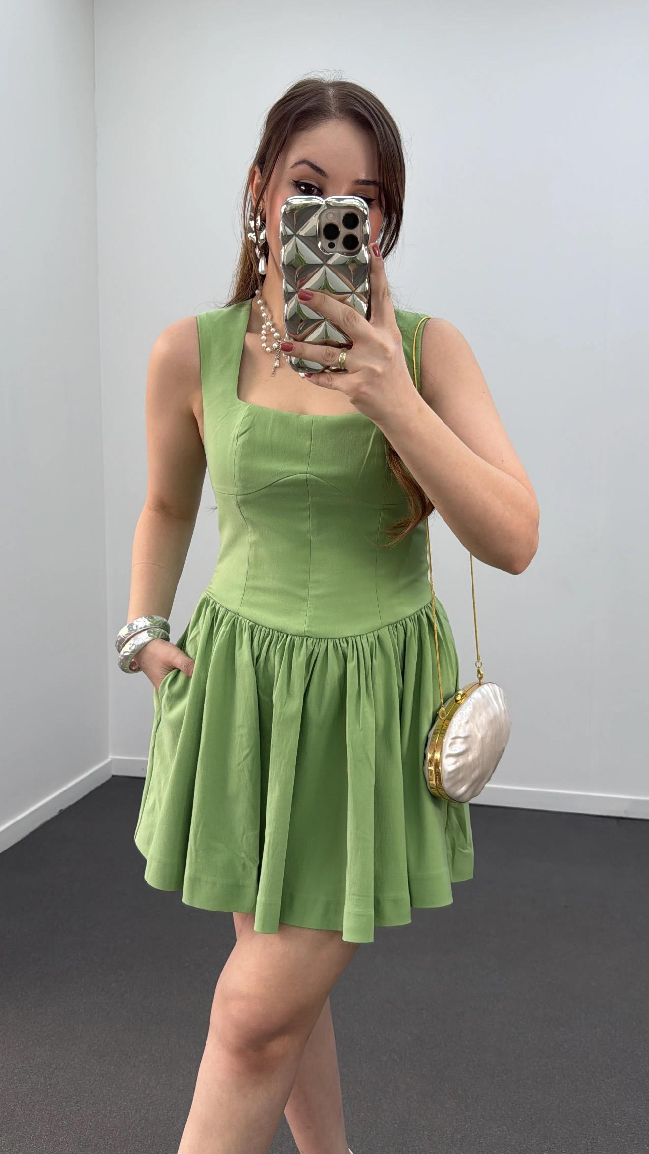 Tinker Yeşil Korsajlı Mini Elbise