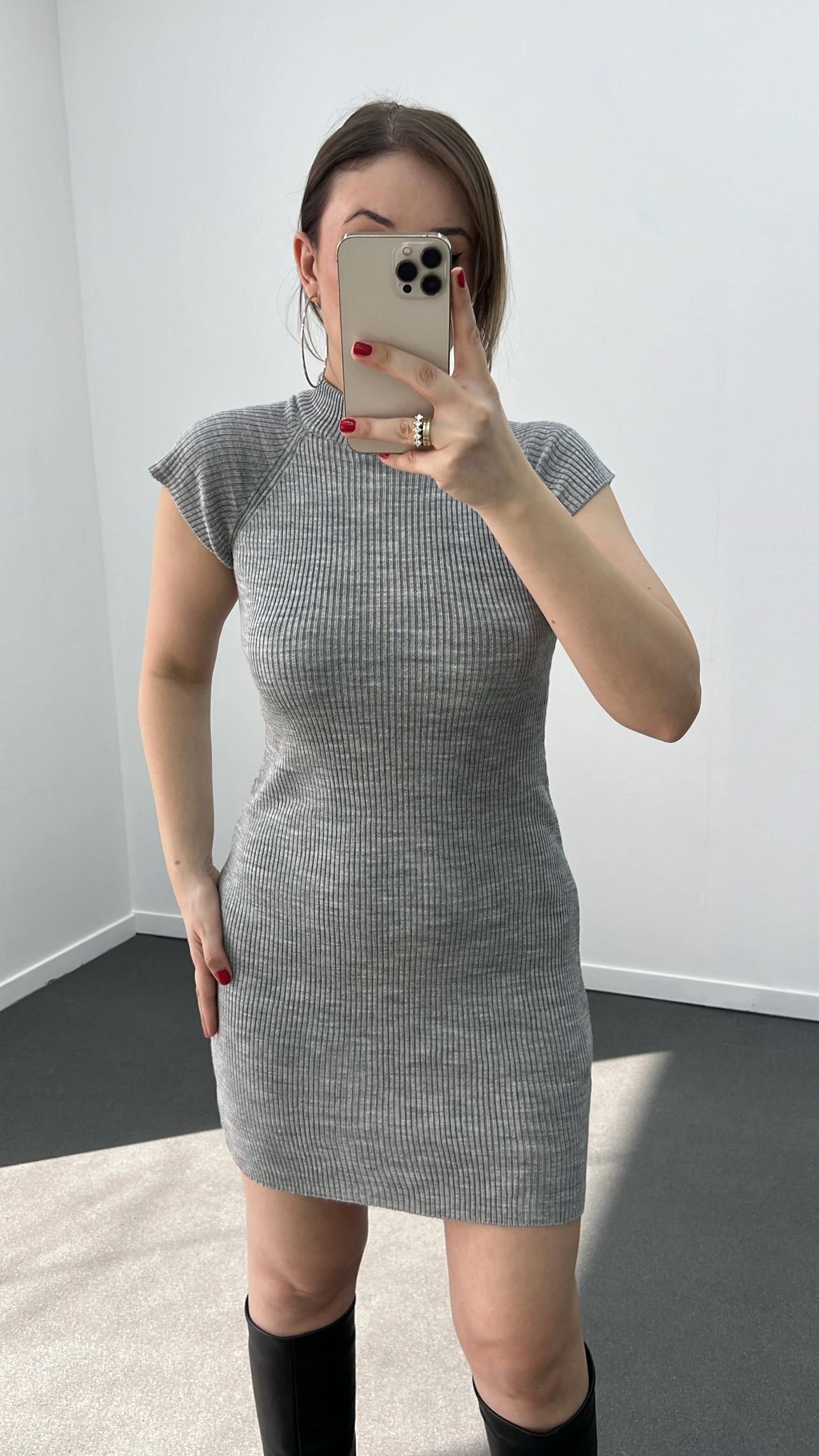 Tokio Gri Fitilli Triko Elbise