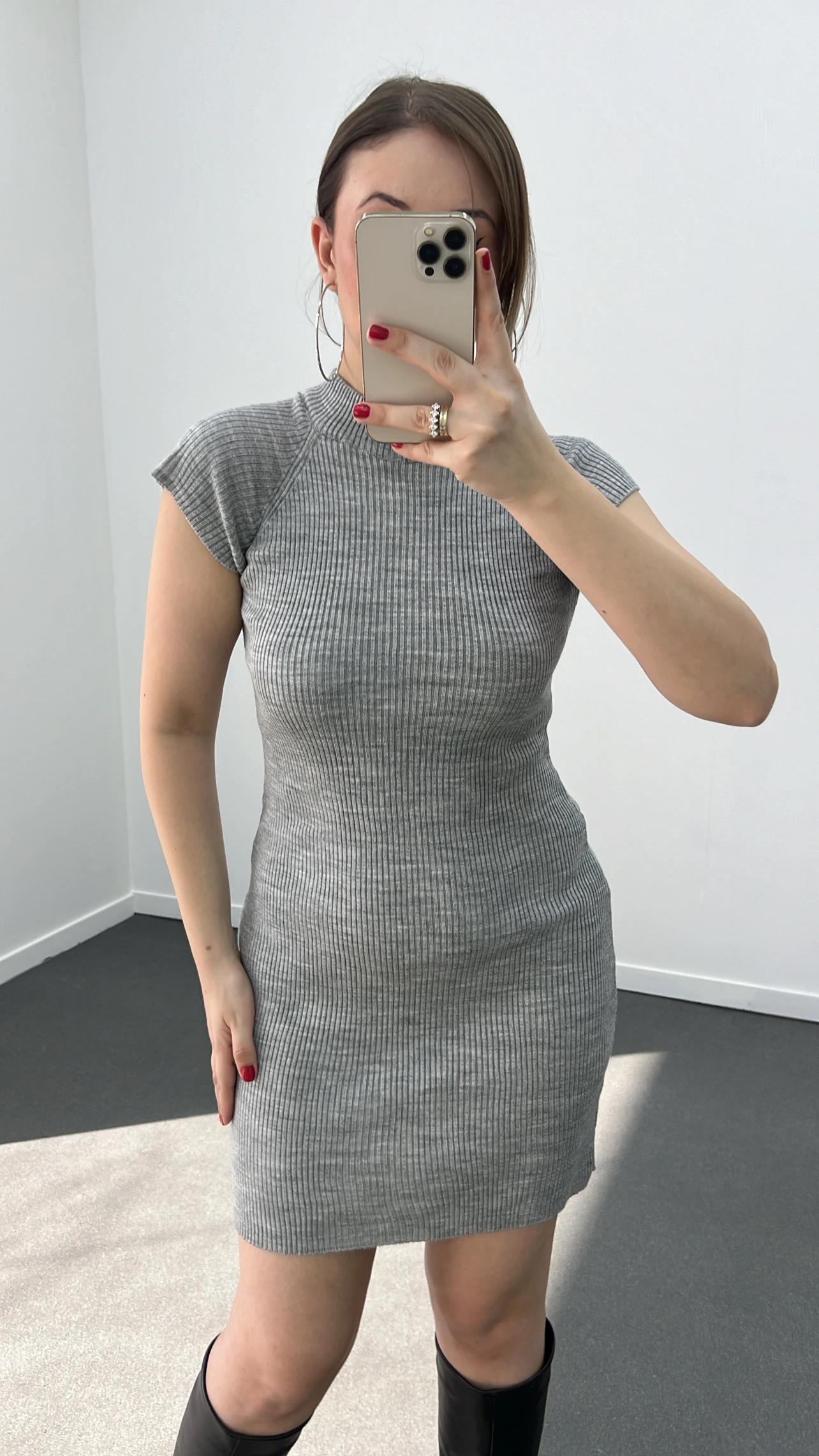 Tokio Gri Fitilli Triko Elbise