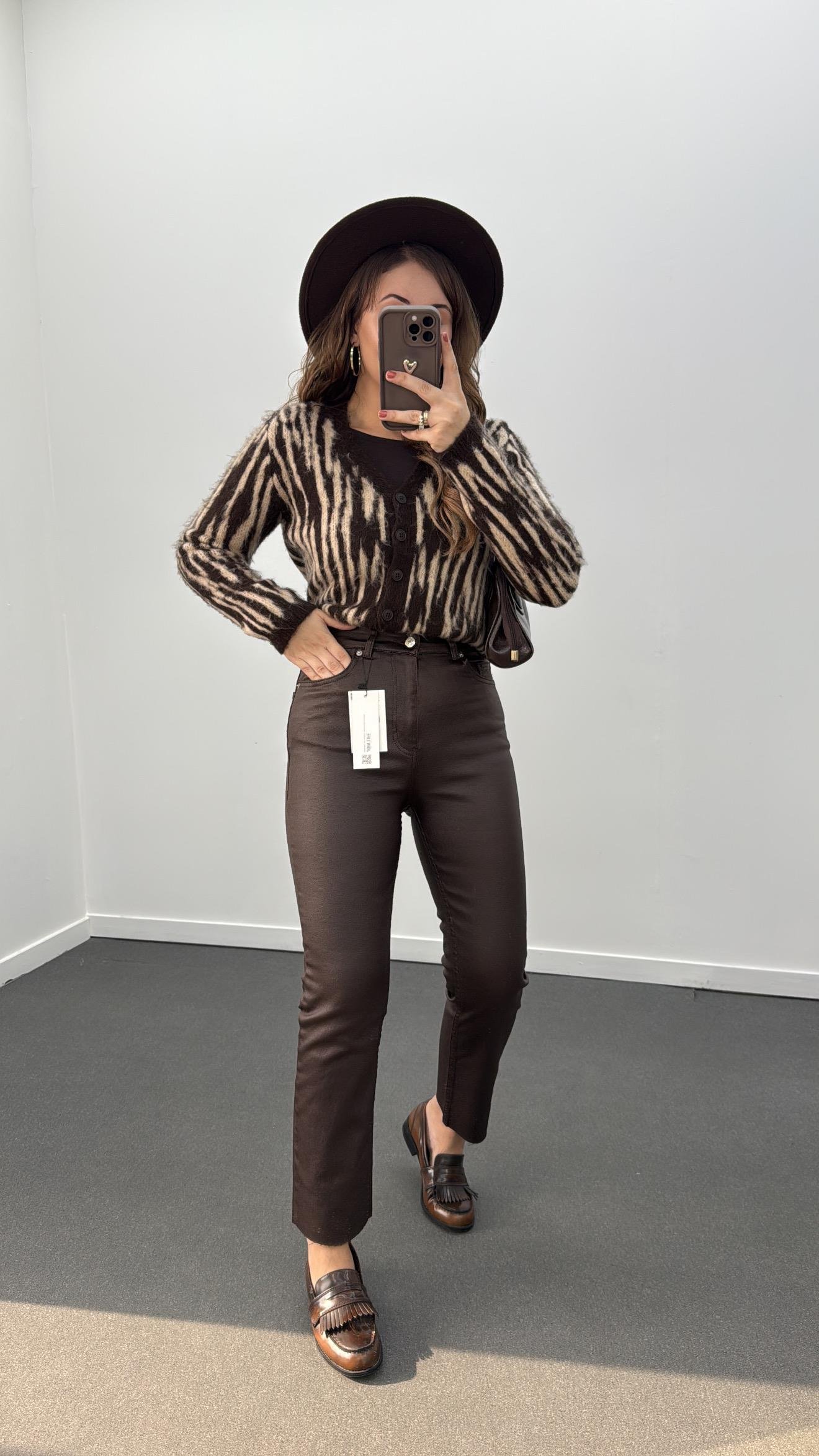 Vegas Acı Kahve Premium Mumlu Deri Pantolon