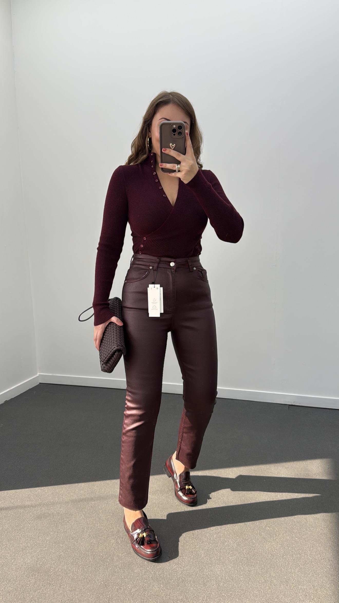 Vegas Bordo Premium Mumlu Deri Pantolon