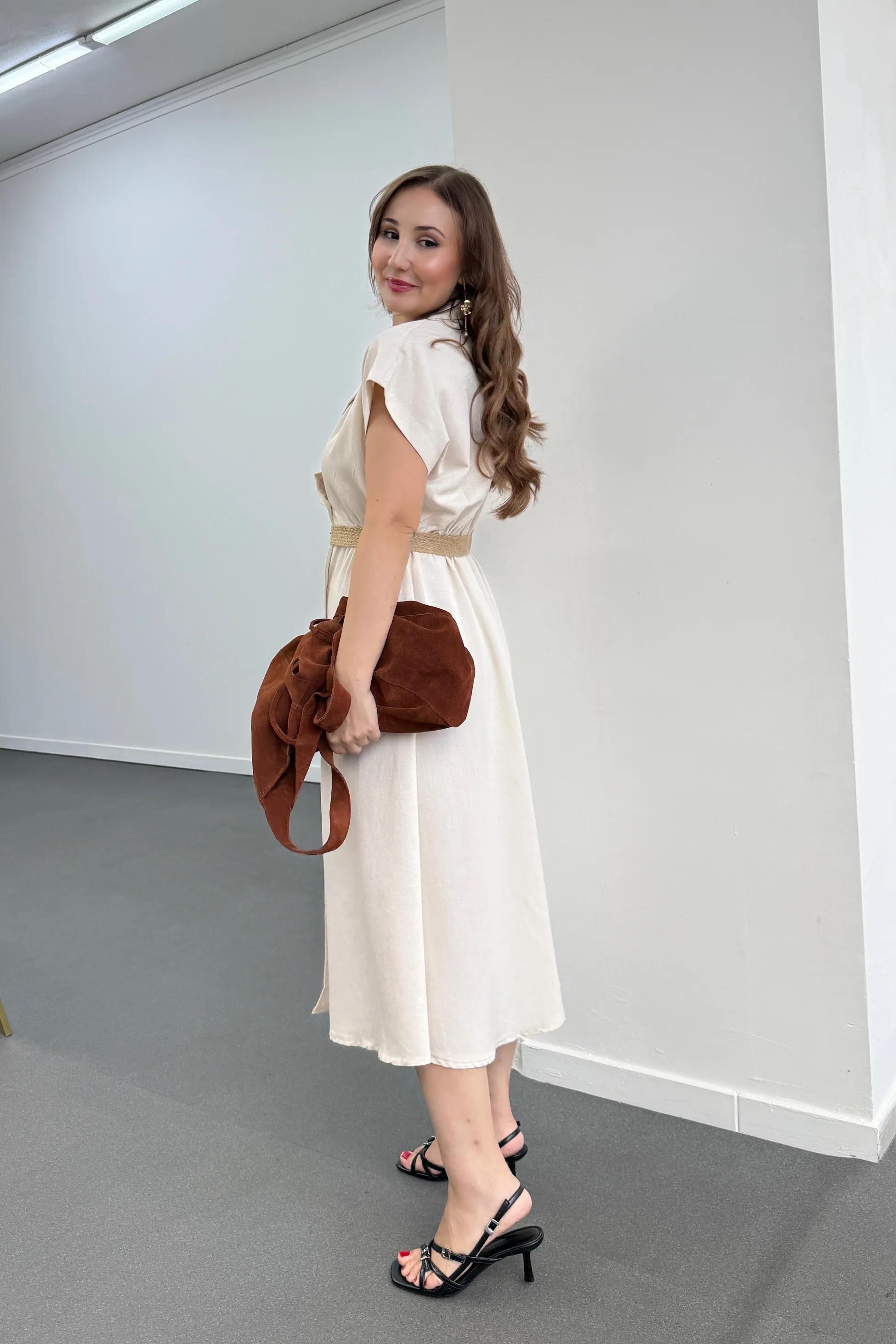 Veno Krem Hasır Kemerli Keten Midi Elbise