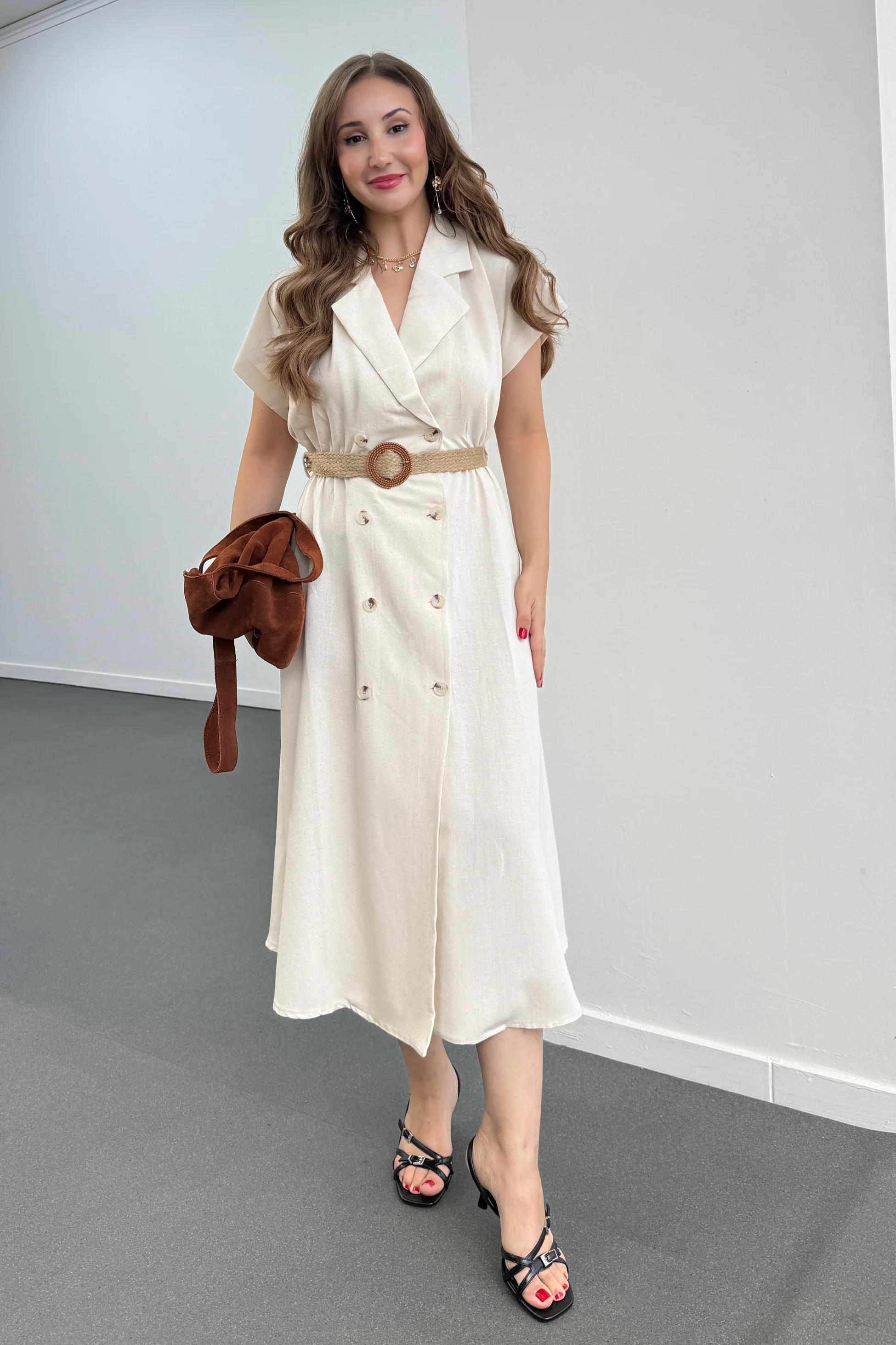 Veno Krem Hasır Kemerli Keten Midi Elbise