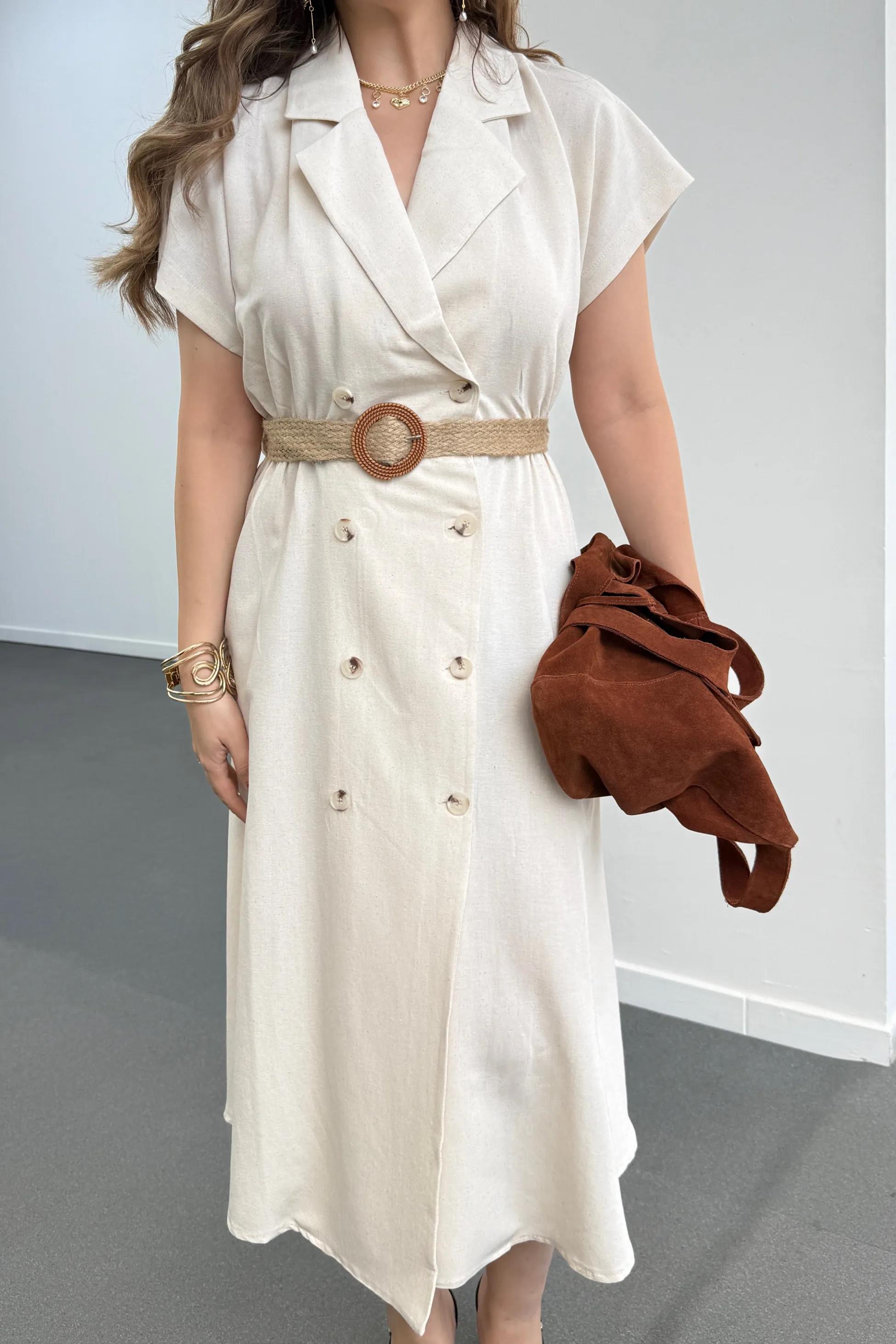 Veno Krem Hasır Kemerli Keten Midi Elbise