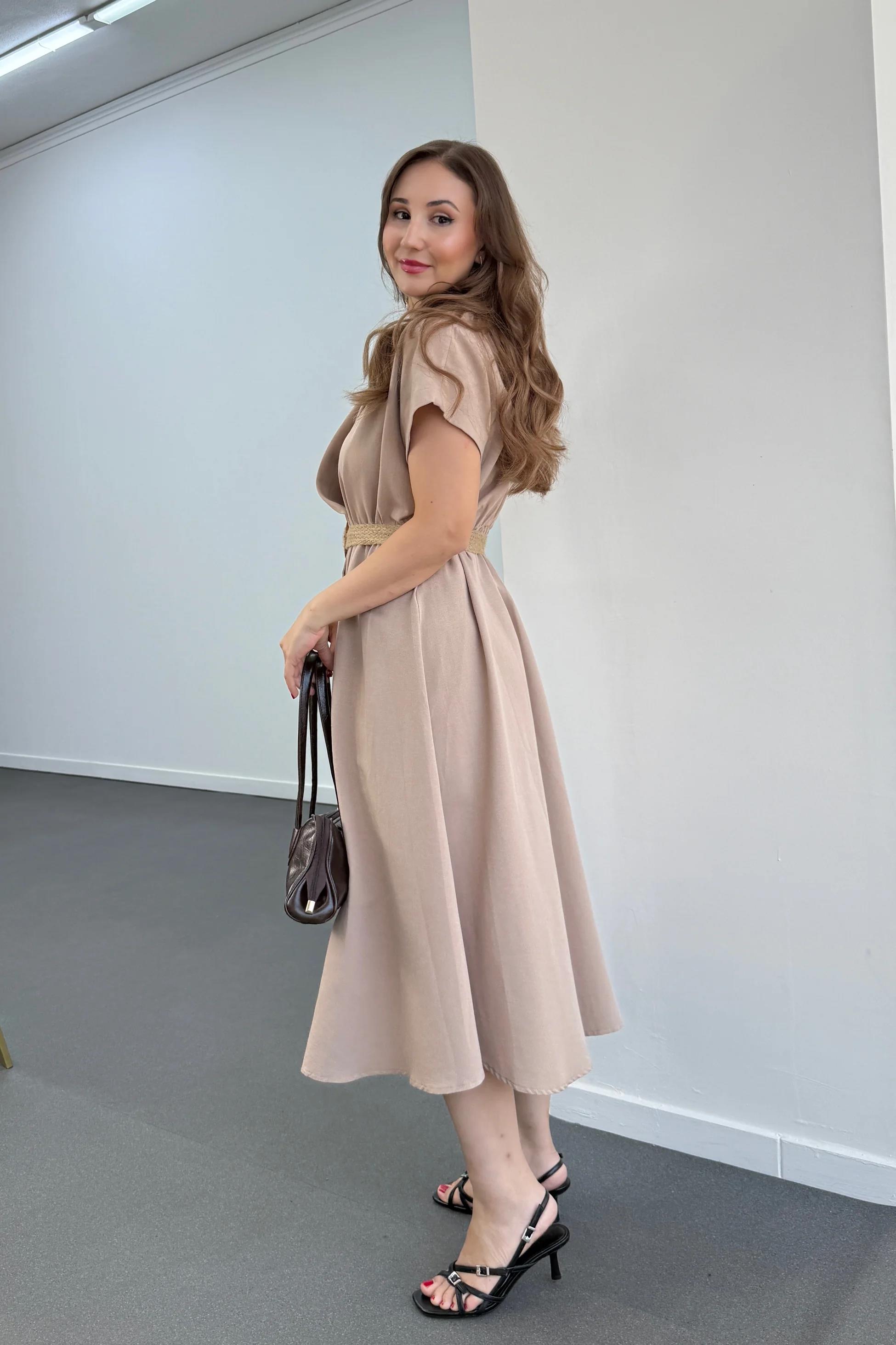 Veno Vizon Hasır Kemerli Keten Midi Elbise