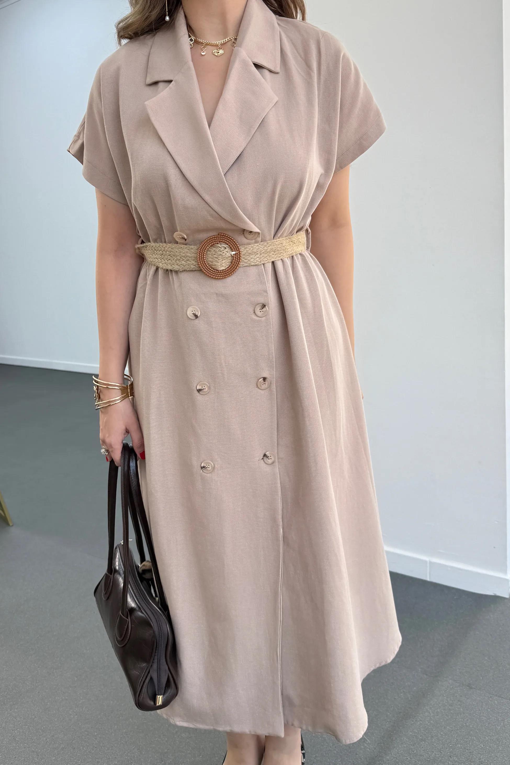 Veno Vizon Hasır Kemerli Keten Midi Elbise