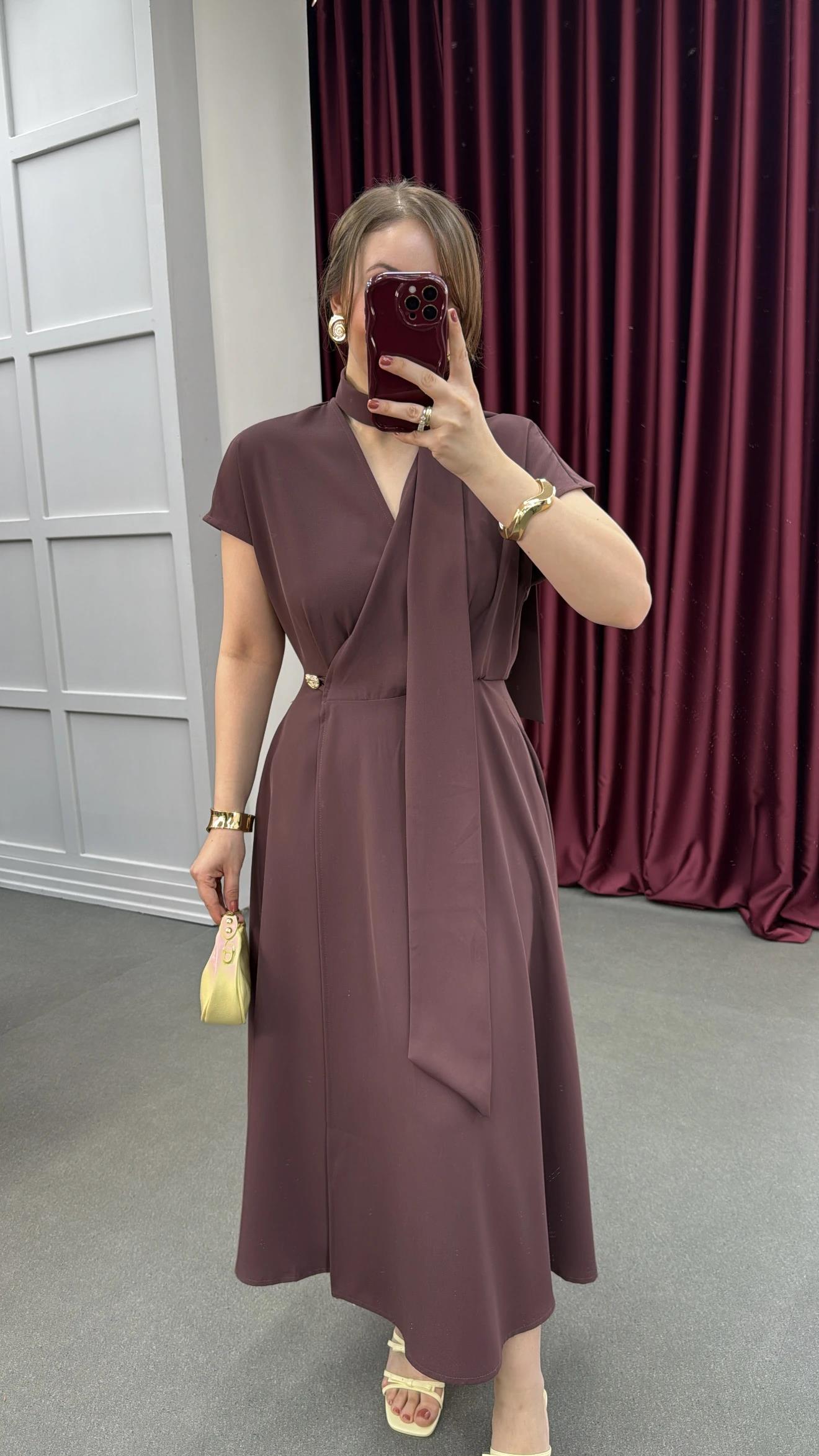 Vina Kahve Kruvaze Gold Düğmeli Midi Elbise