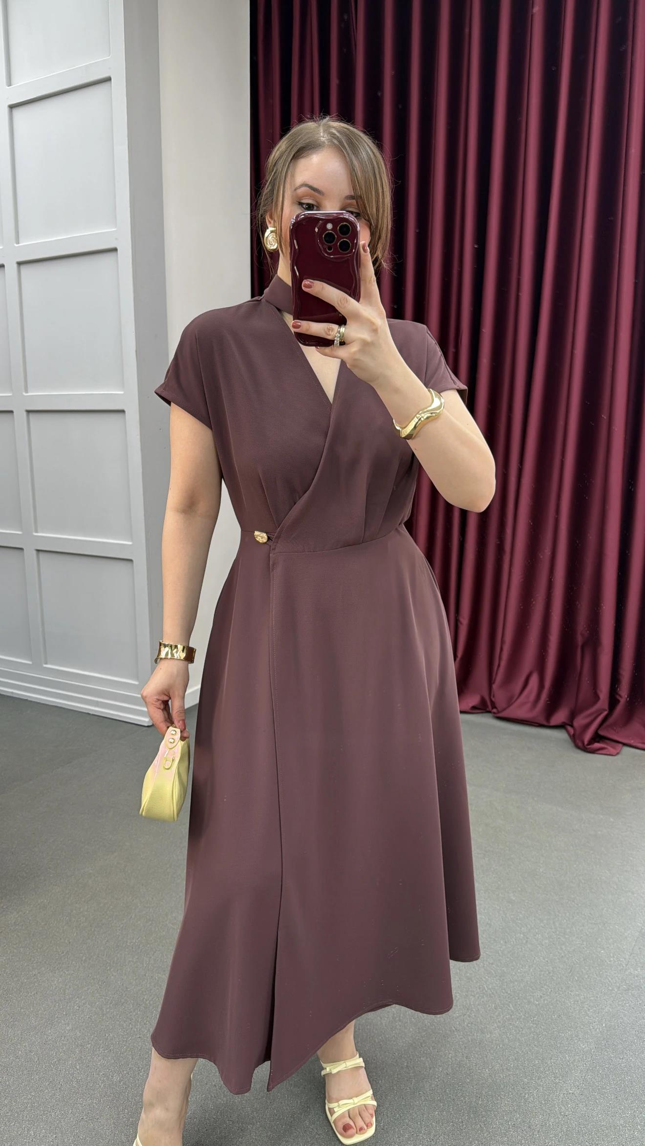 Vina Kahve Kruvaze Gold Düğmeli Midi Elbise