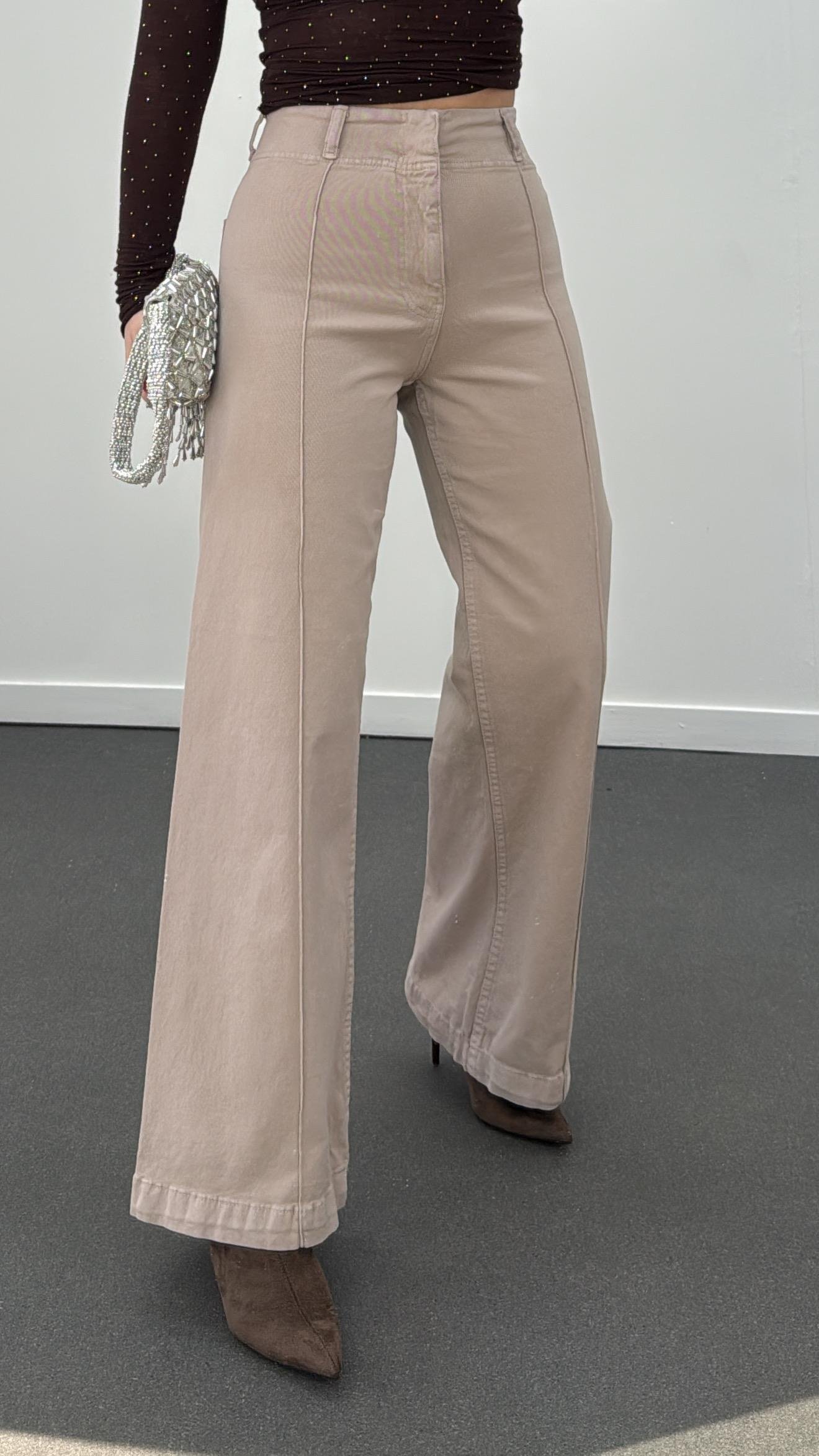 Vivet Açık Vizon Nervür Dikişli Likralı Wide Leg Jeans