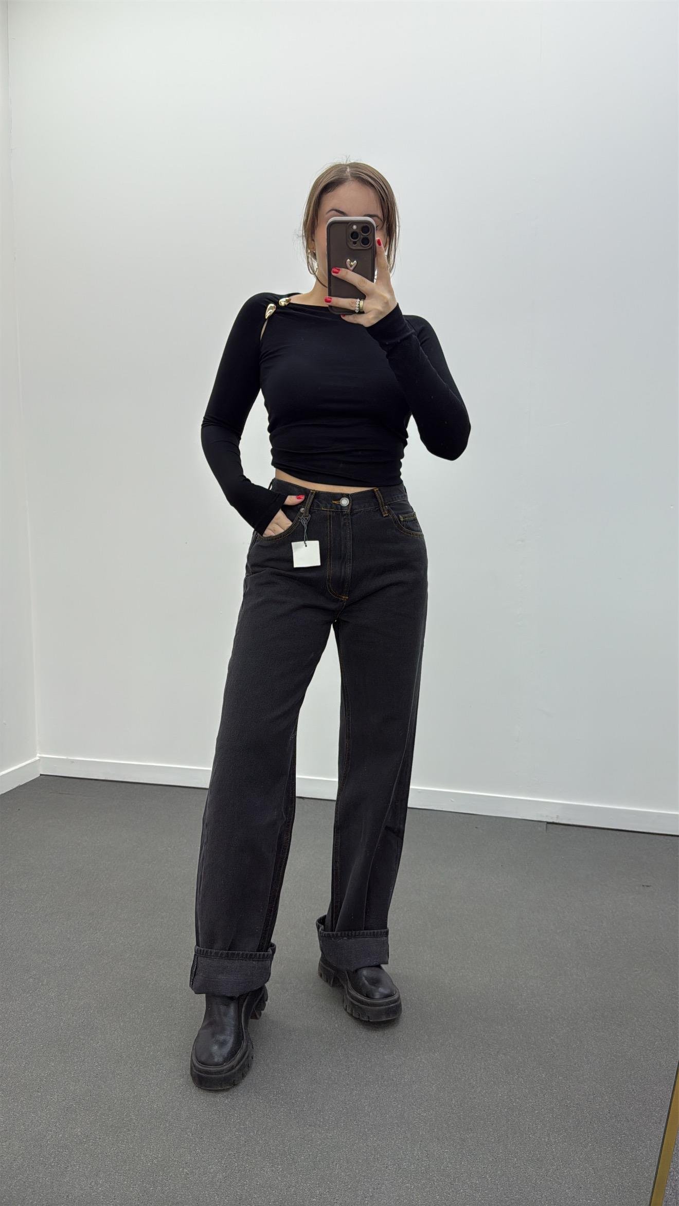 Wanda Antrasit Orta Bel Baggy Relax Fit Jeans