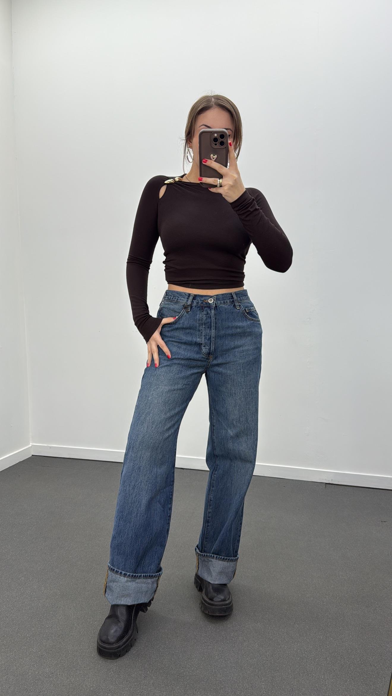 Wanda Kot Yıkamalı Orta Bel Baggy Relax Fit Jeans