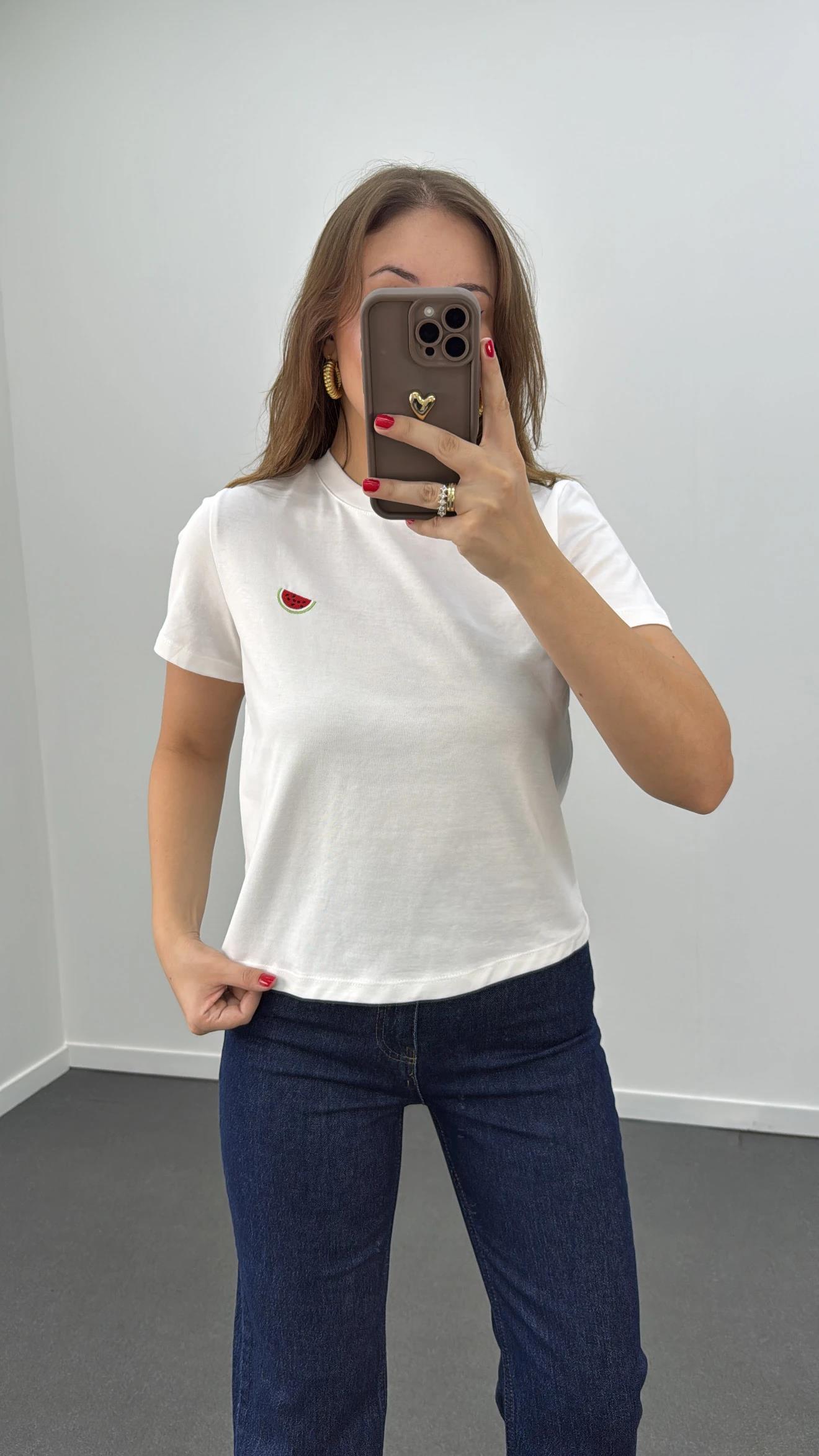 Watermelon Beyaz Karpuz Nakışlı %100 Pamuk Tshirt