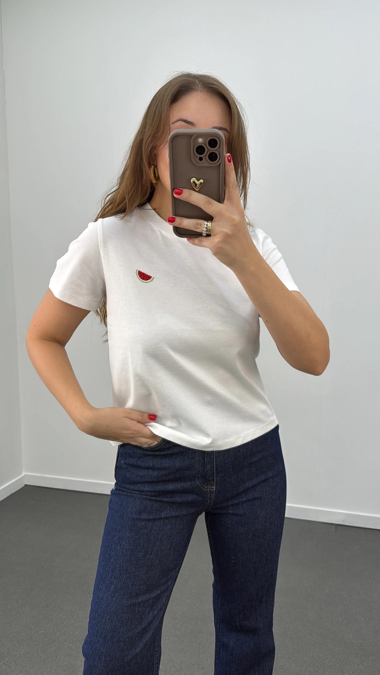 Watermelon Beyaz Karpuz Nakışlı %100 Pamuk Tshirt