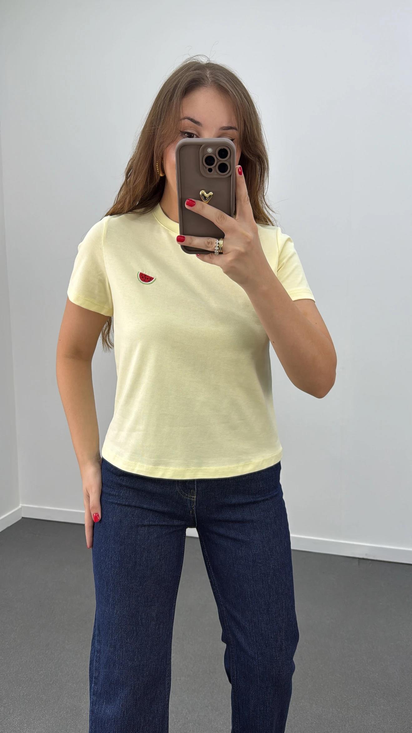 Watermelon Sarı Karpuz Nakışlı %100 Pamuk Tshirt