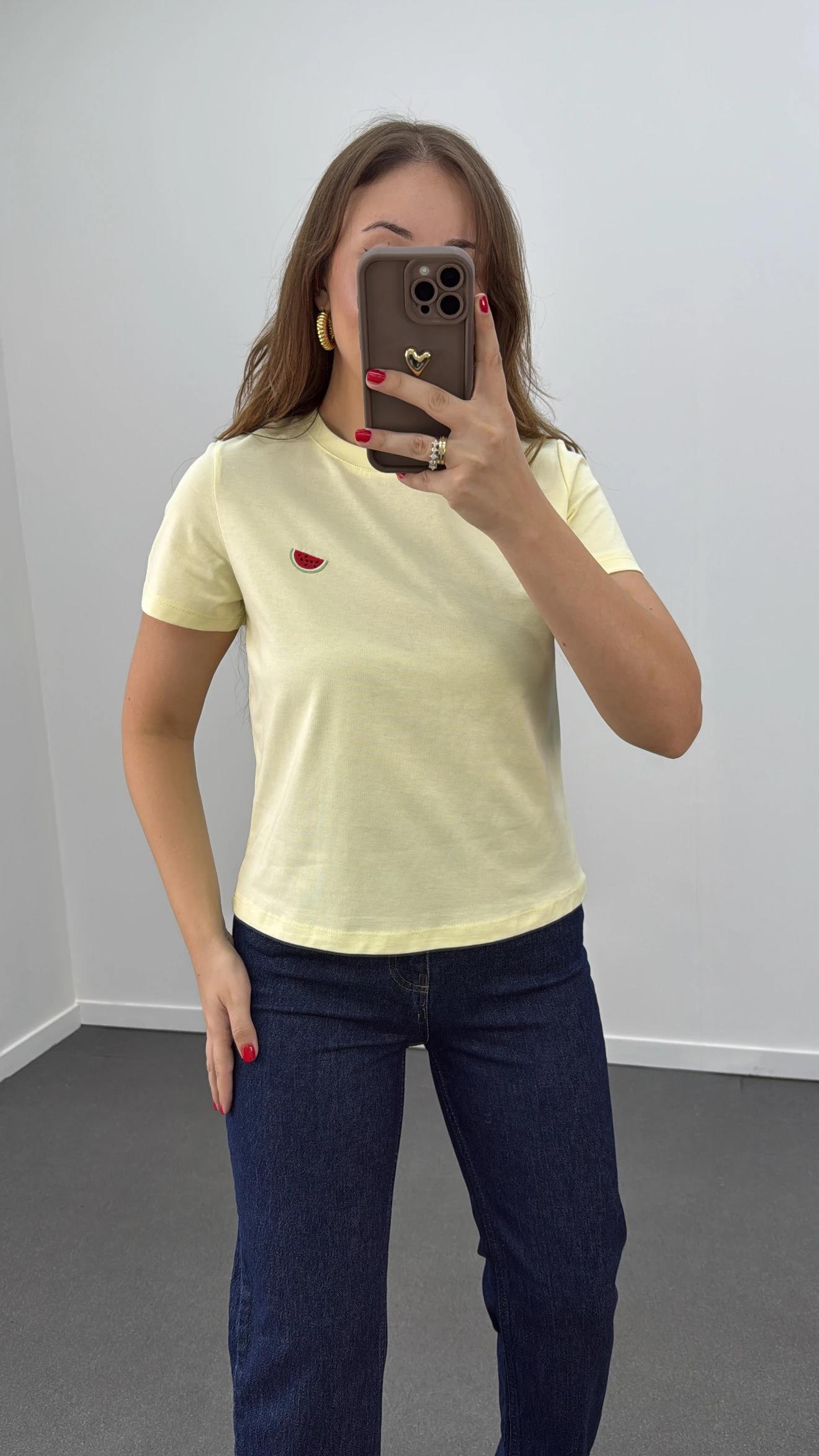 Watermelon Sarı Karpuz Nakışlı %100 Pamuk Tshirt
