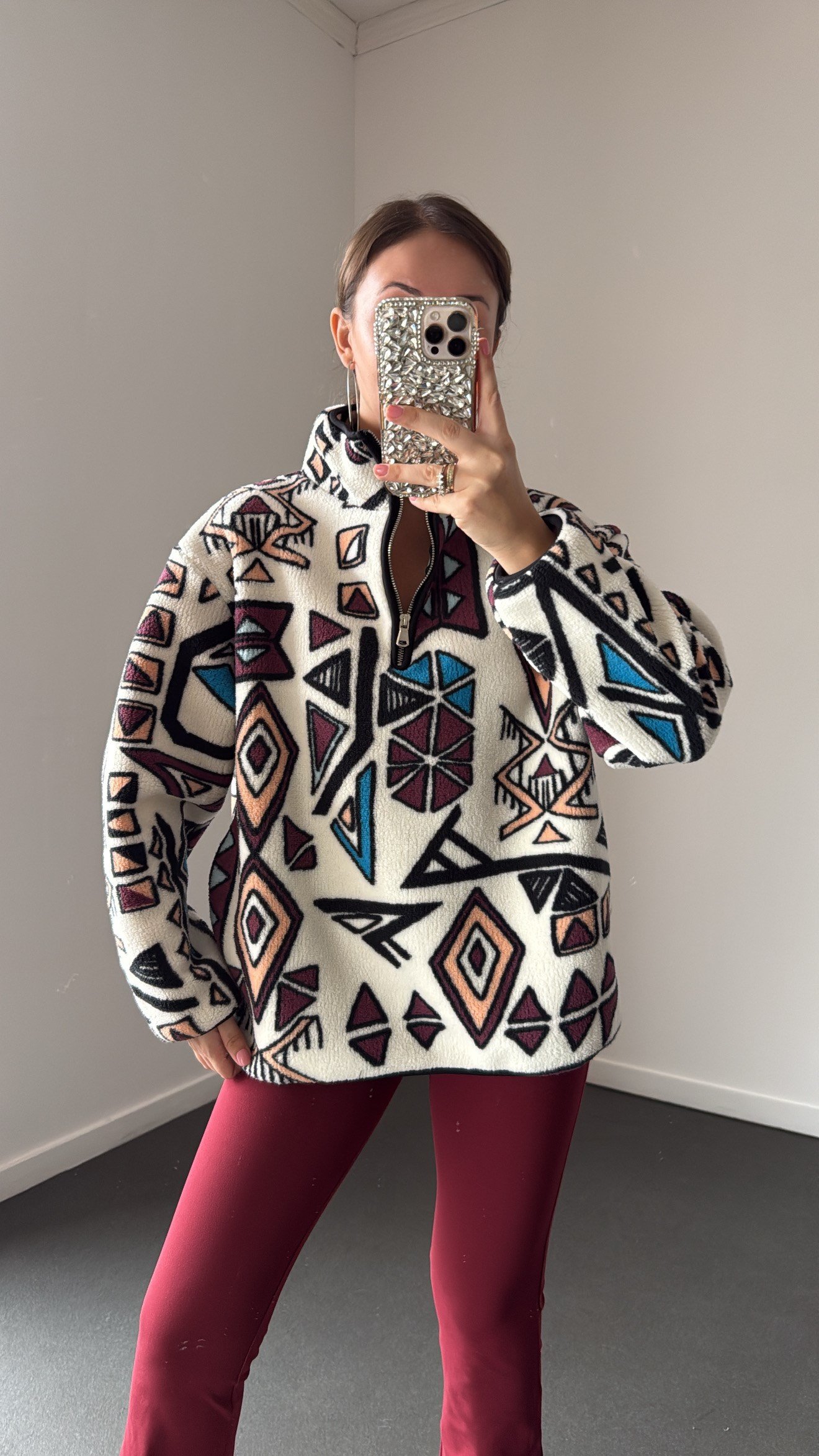 Wildora Bordo Desenli Fermuarlı Sweatshirt