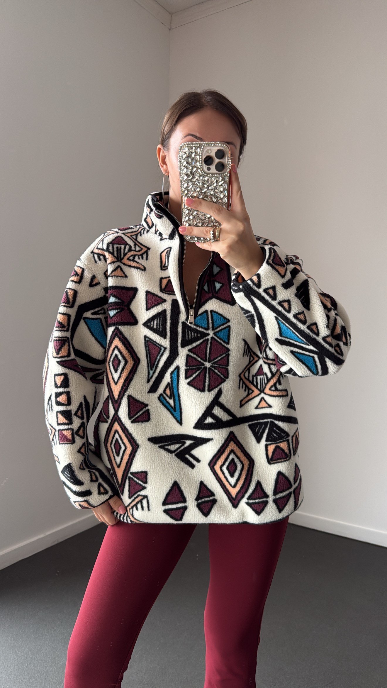 Wildora Bordo Desenli Fermuarlı Sweatshirt