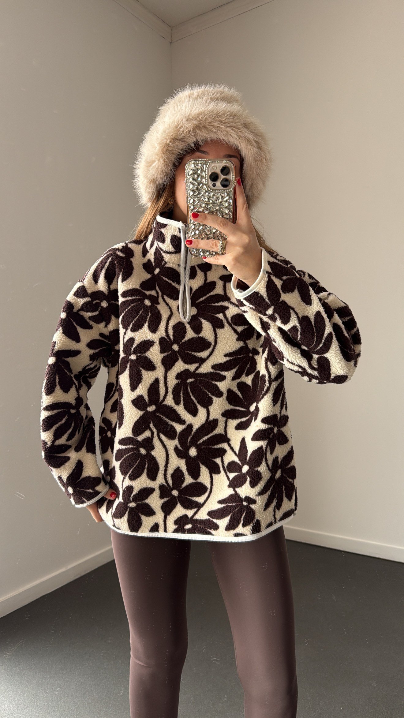Wildora Kahve Çiçek Desenli Fermuarlı Sweatshirt