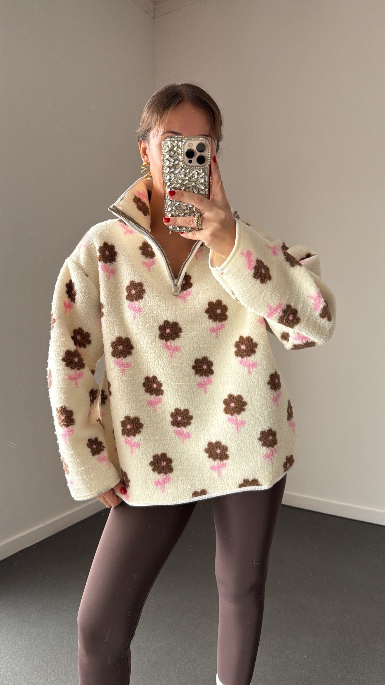 Wildora Kahve Pembe Çiçek Desenli Fermuarlı Sweatshirt