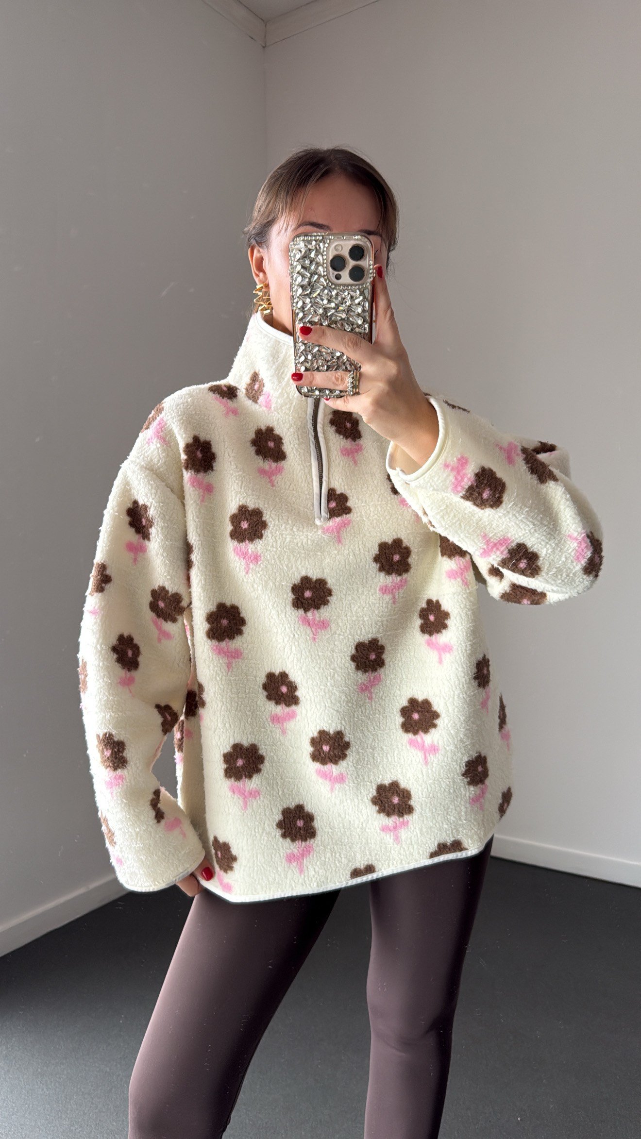 Wildora Kahve Pembe Çiçek Desenli Fermuarlı Sweatshirt