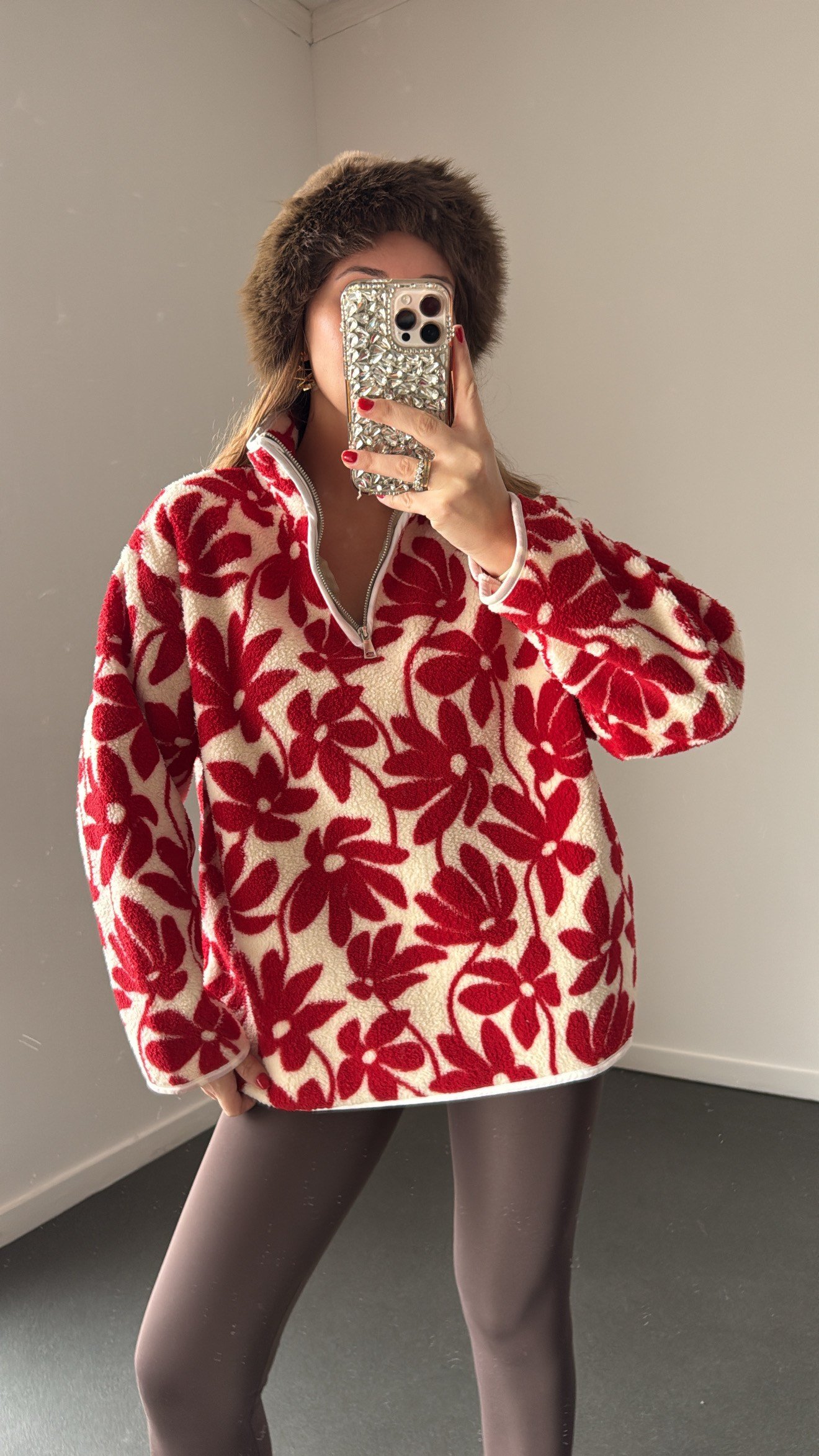 Wildora Kırmızı Çiçek Desenli Fermuarlı Sweatshirt