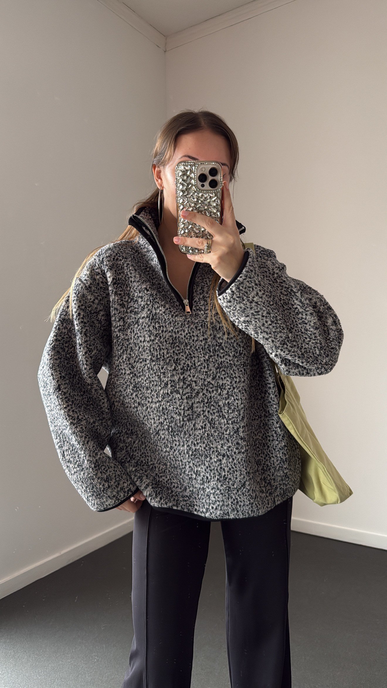 Wildora Koyu Gri Desenli Fermuarlı Sweatshirt