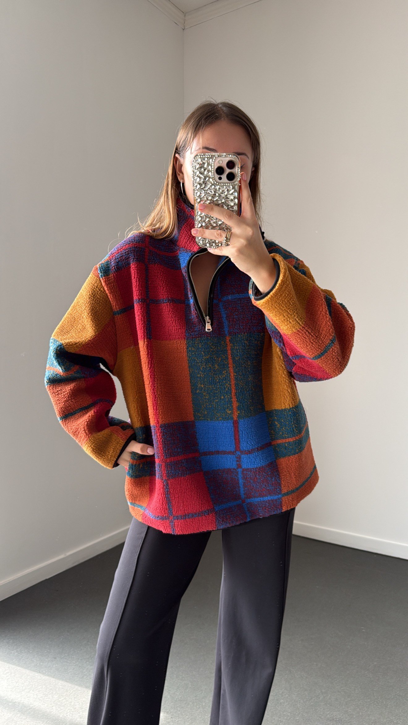 Wildora Lacivert Turuncu Desenli Fermuarlı Sweatshirt