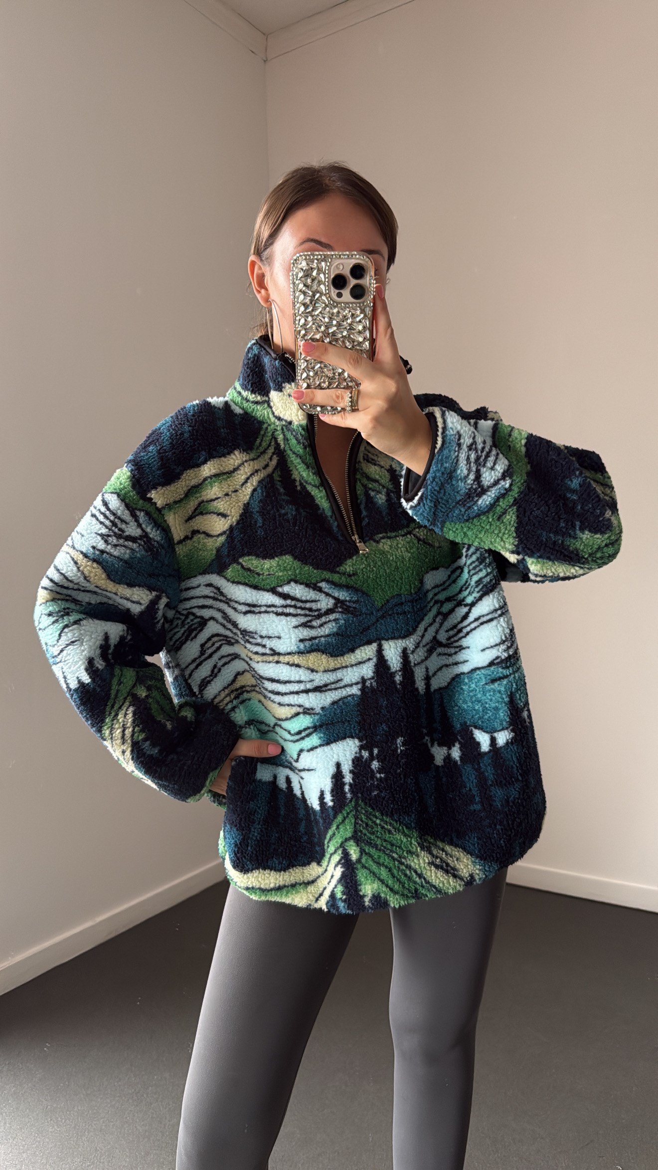 Wildora Lacivert-Yeşil Desenli Fermuarlı Sweatshirt
