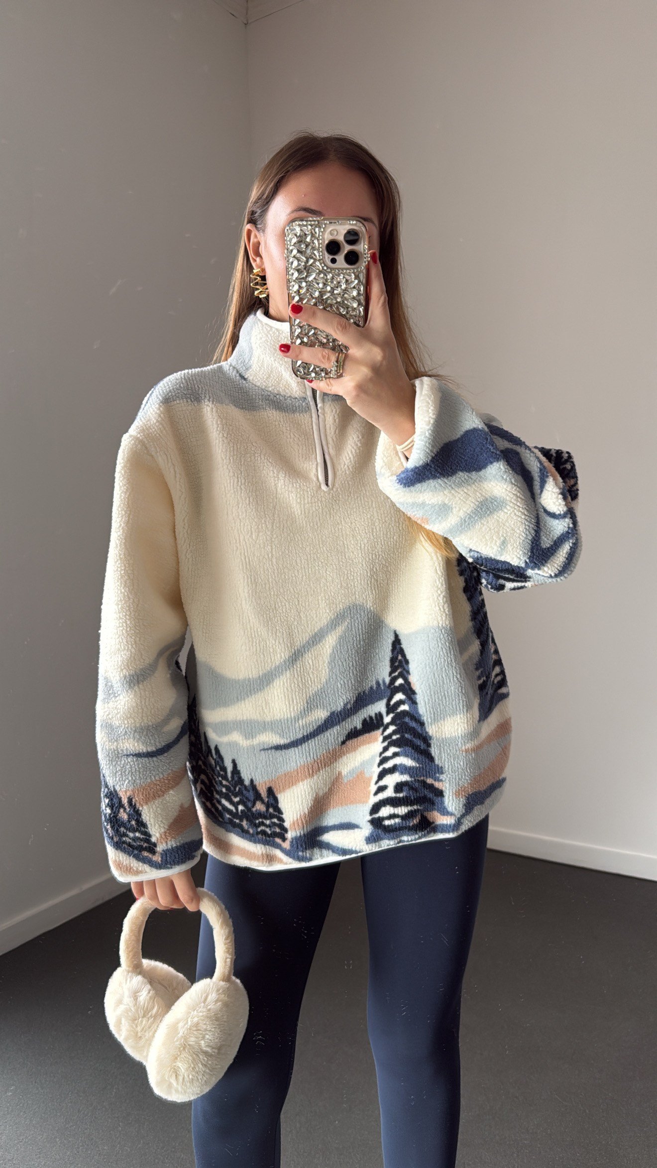 Wildora Mavi-Beyaz Desenli Fermuarlı Sweatshirt