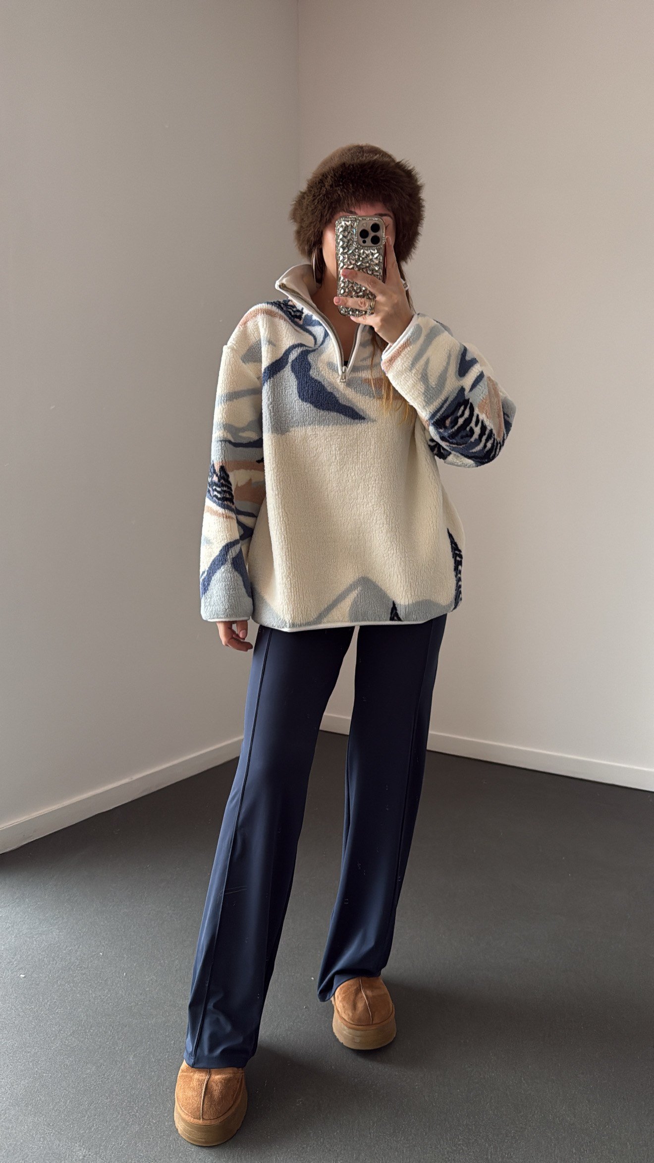 Wildora Mavi Dağ Desenli Fermuarlı Sweatshirt