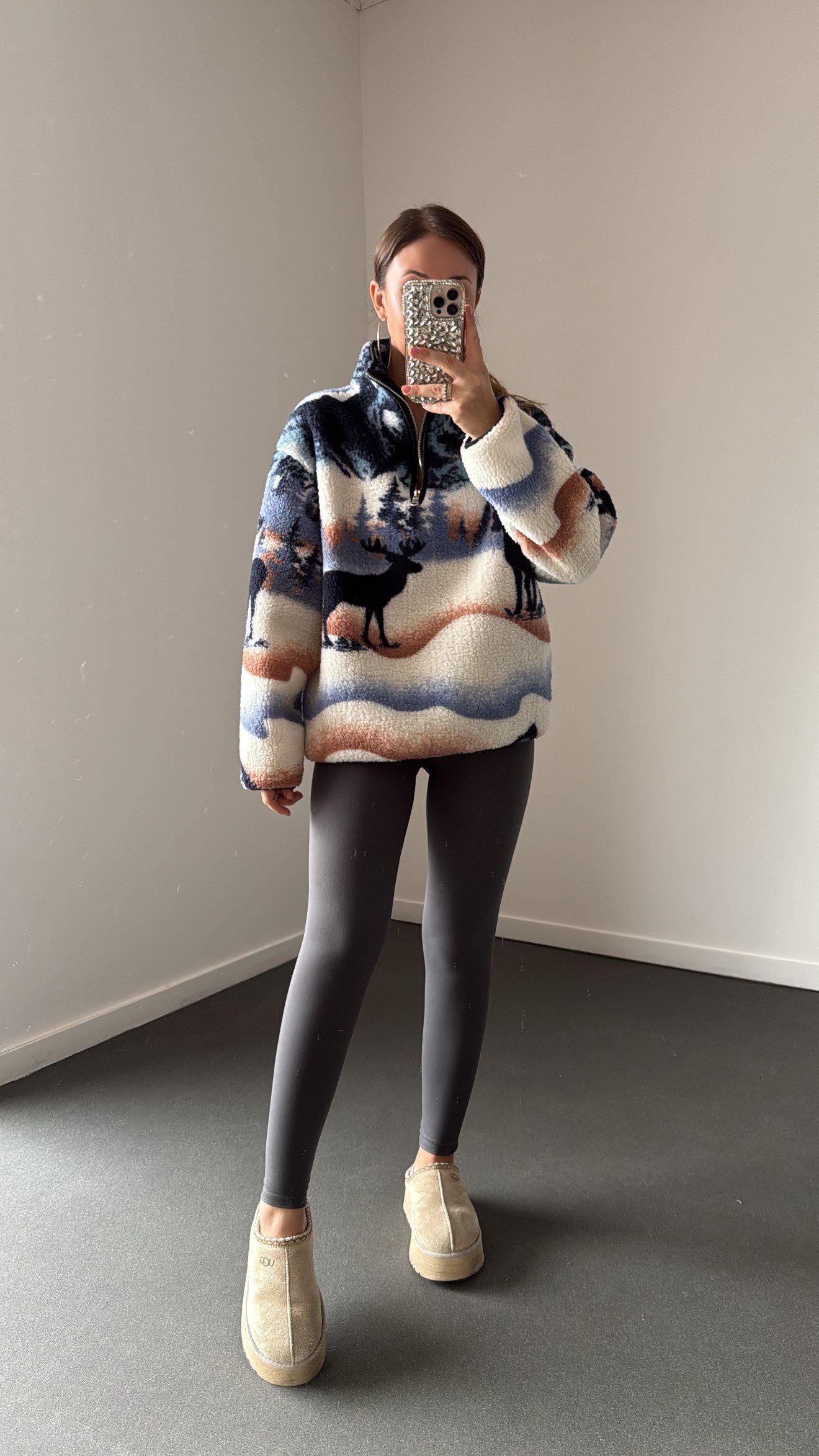 Wildora Mavi-Ekru Desenli Fermuarlı Sweatshirt