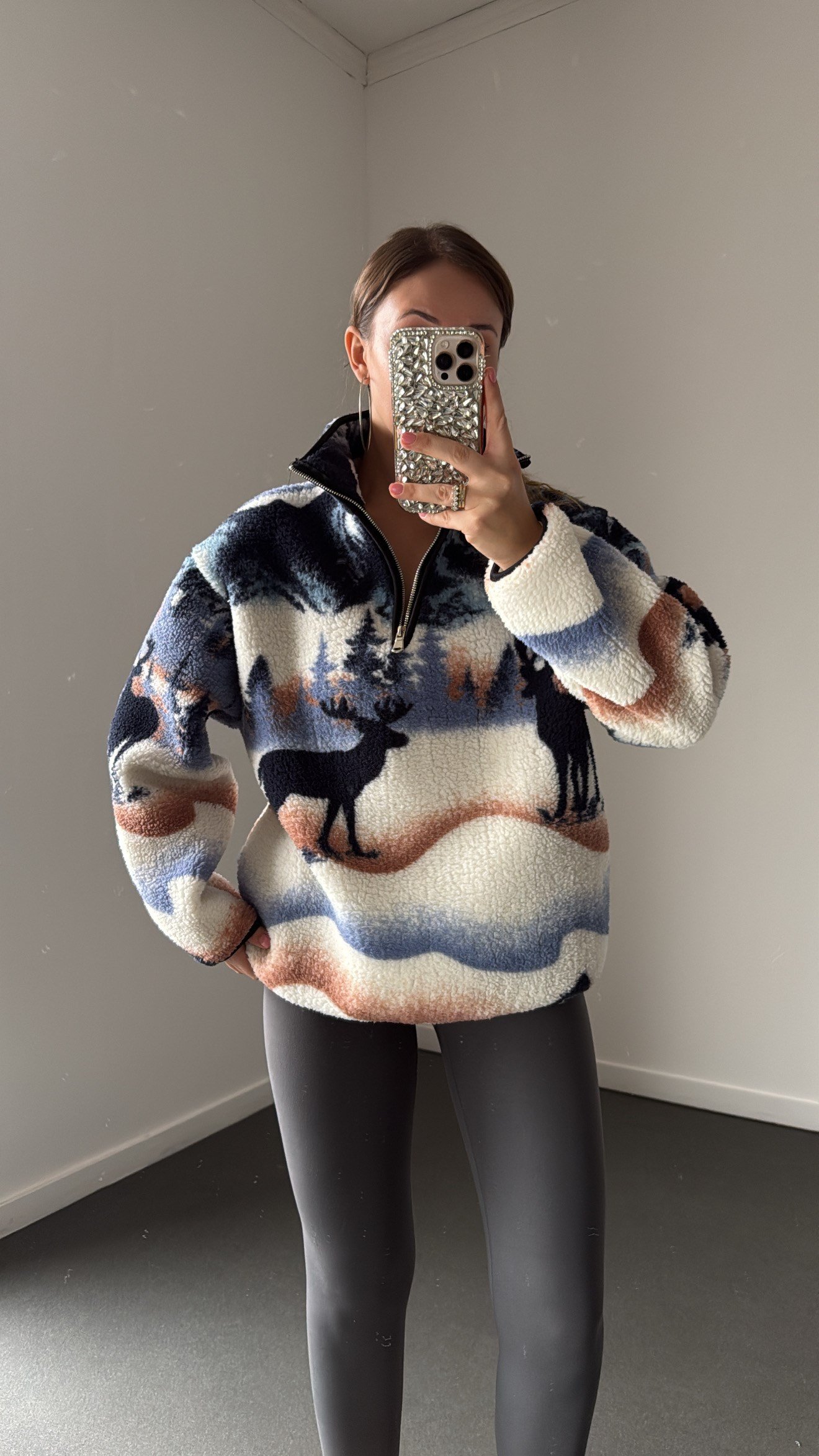 Wildora Mavi-Ekru Desenli Fermuarlı Sweatshirt