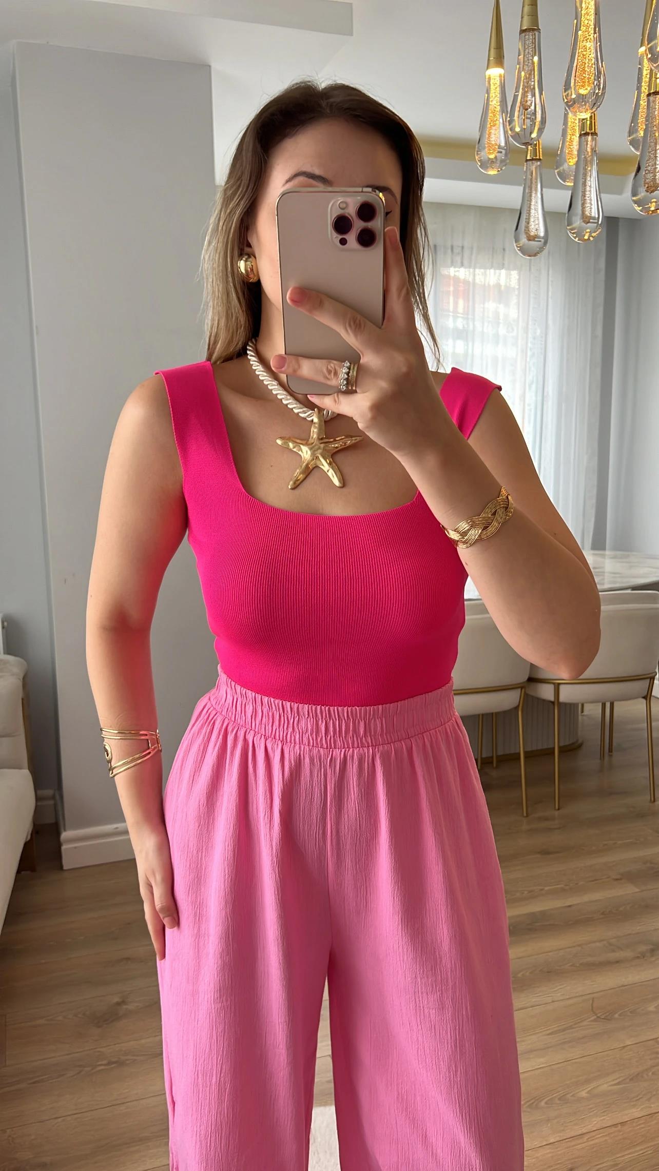 Yasmin Pembe %100 Pamuk Paça Detaylı Kumaş Pantolon