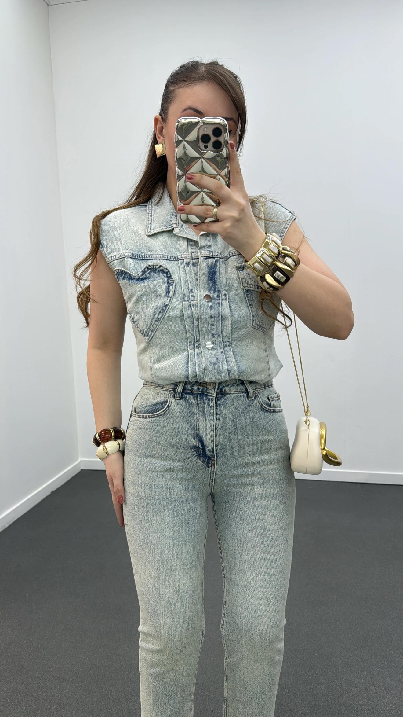 Yasna Kalp Cepli Tint Yıkamalı Uzun Yelek