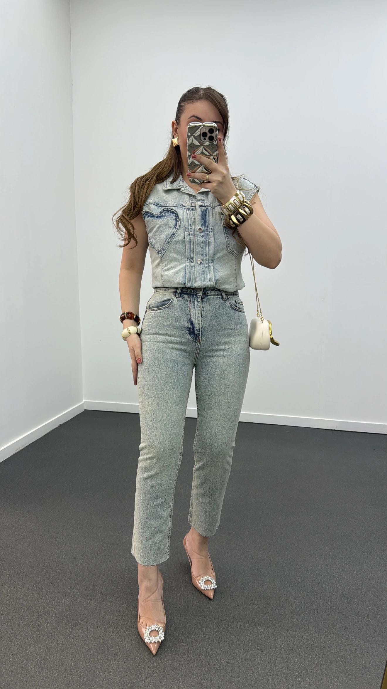 Yasna Kalp Cepli Tint Yıkamalı Uzun Yelek