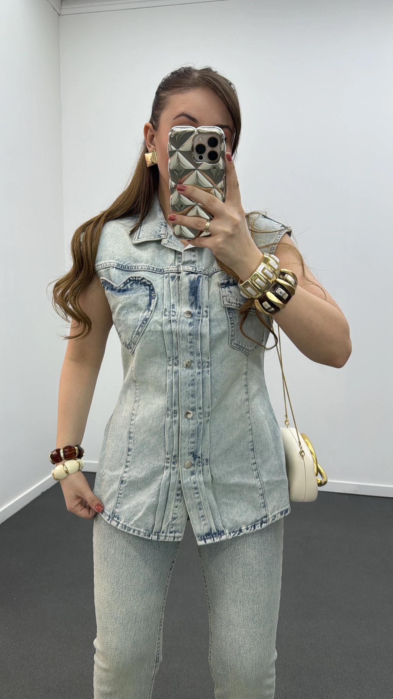 Yasna Kalp Cepli Tint Yıkamalı Uzun Yelek