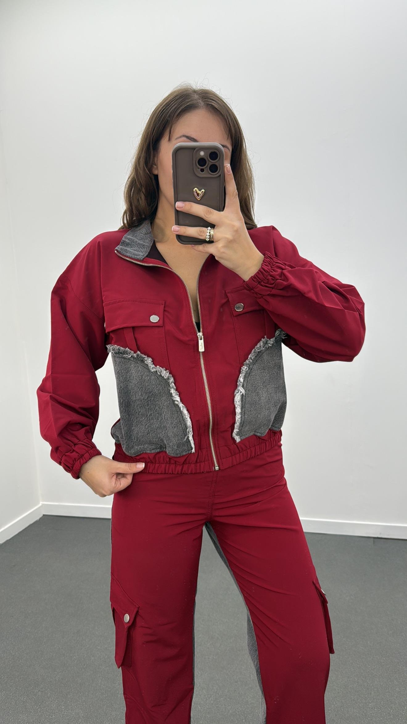 Yazda Gri Bordo Denim Mix Paraşüt Ceket Pantolon Takım